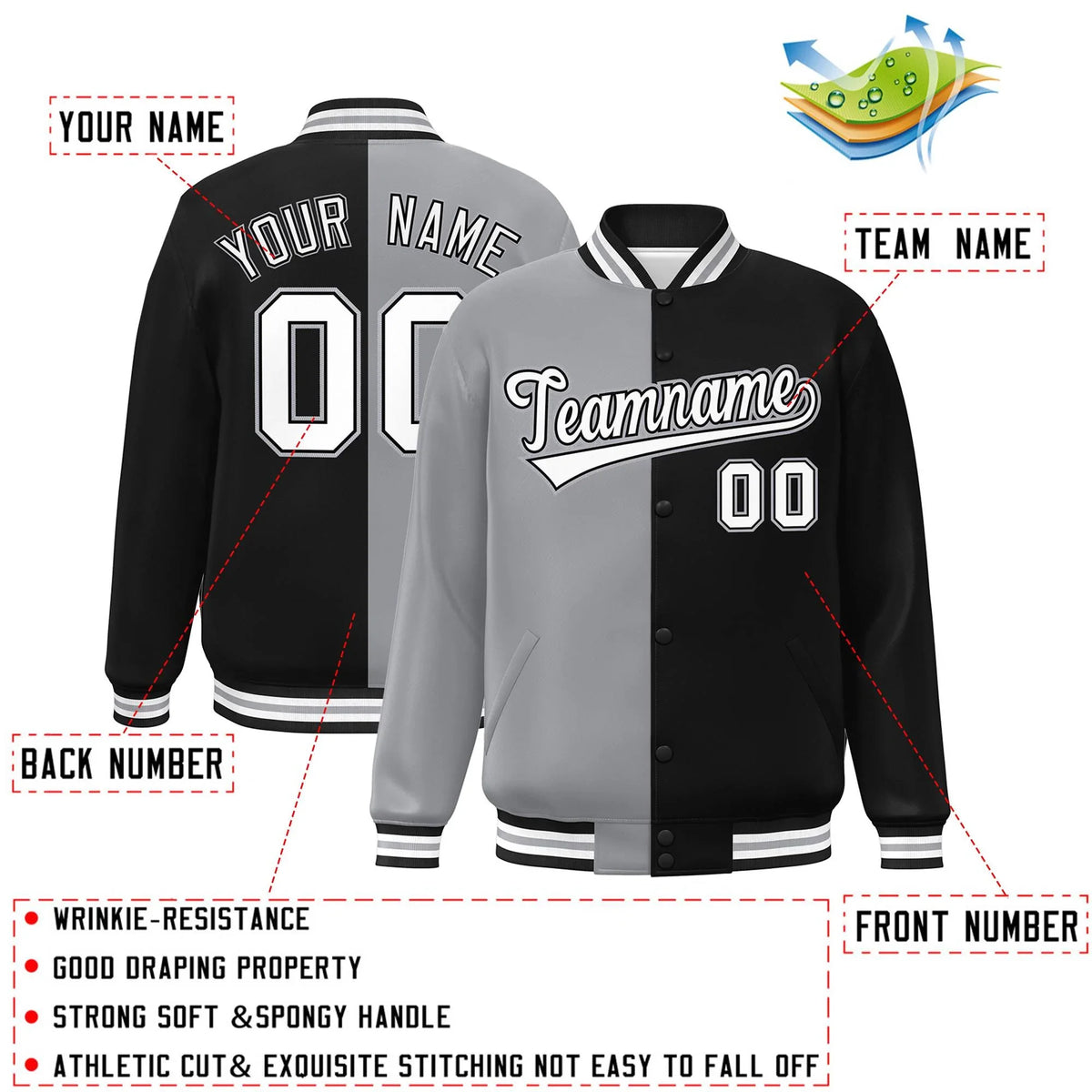 Custom Black Gray-White Letterman Two Tone Split Fashion Varsity Full-Snap Jacket