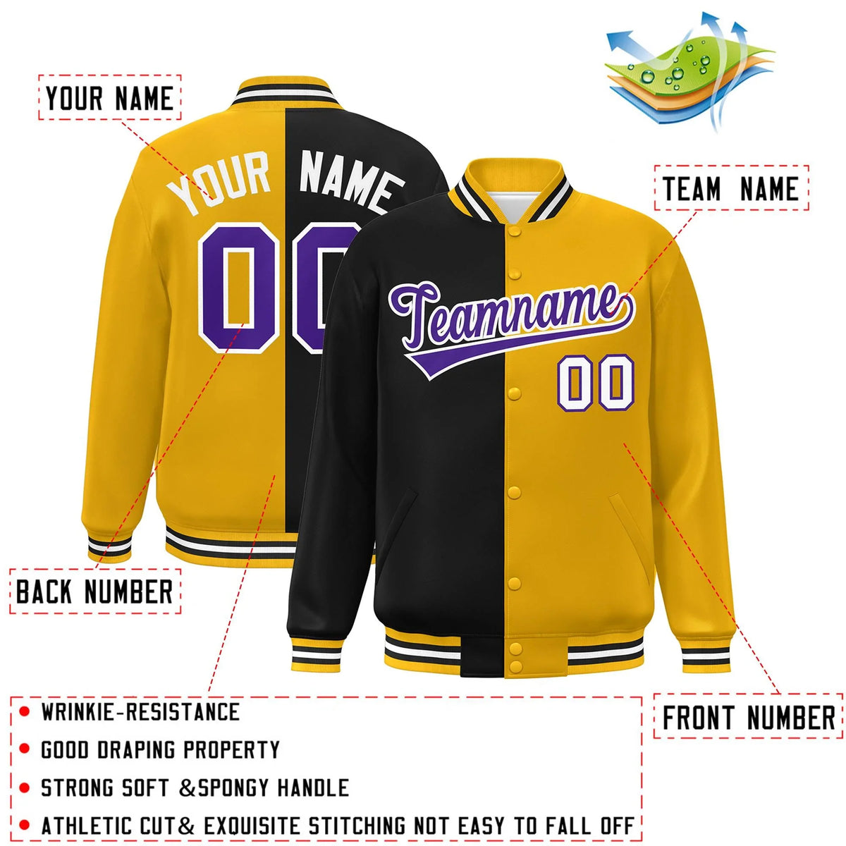 Custom Gold Black-Purple Letterman Two Tone Split Fashion Varsity Full-Snap Jacket