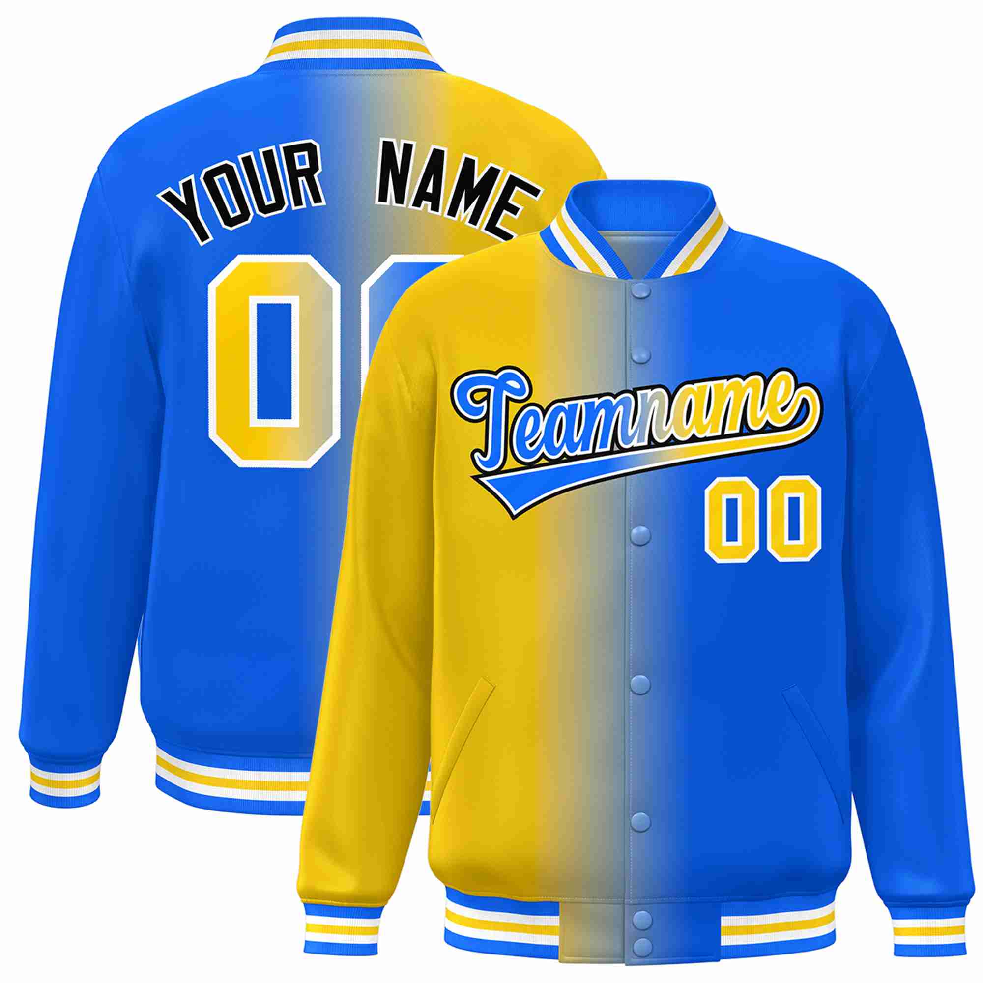 Custom Yellow Blue-White Gradient Fashion Letterman Bomber Varsity Jacket