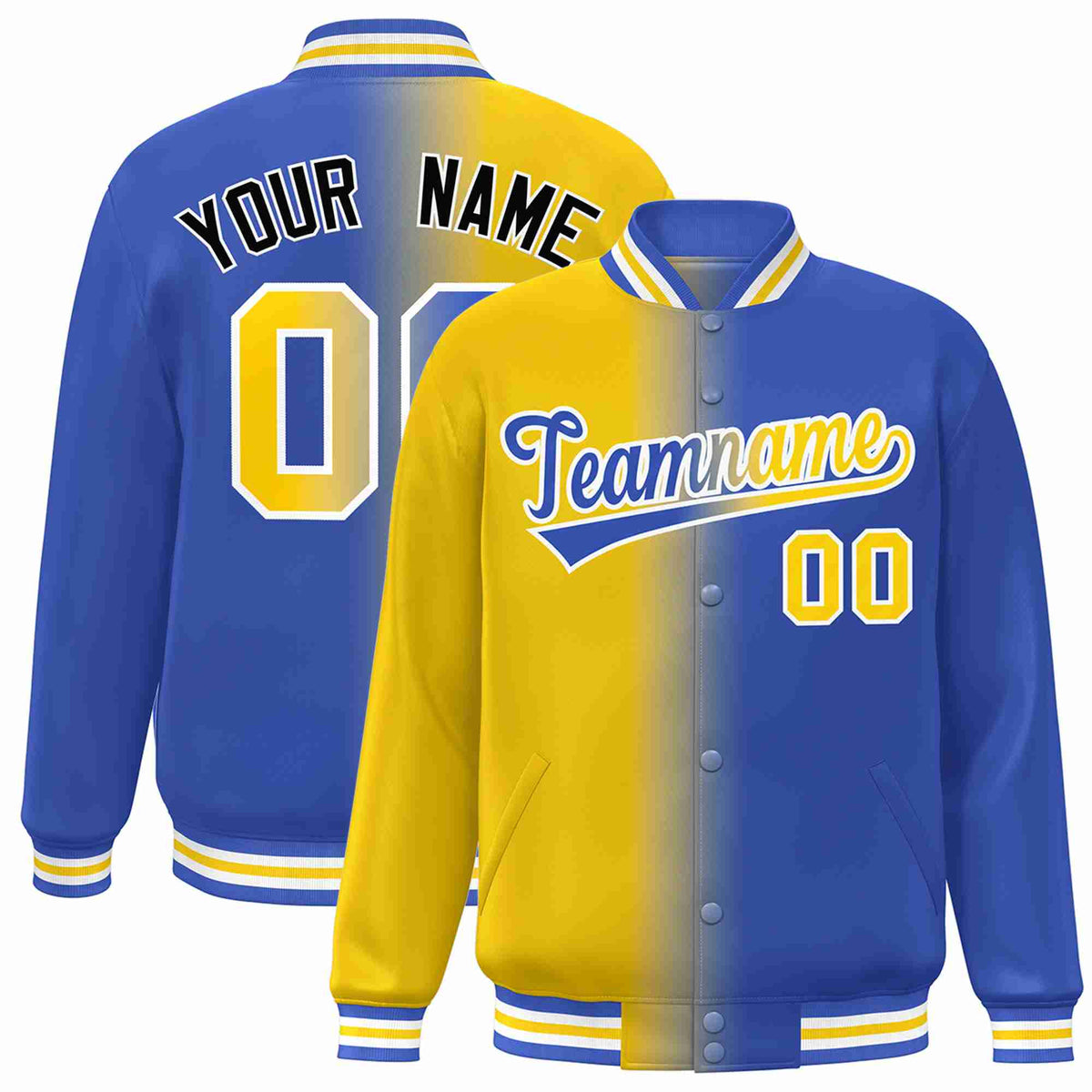 Custom Yellow Royal-White Gradient Fashion Letterman Bomber Varsity Jacket