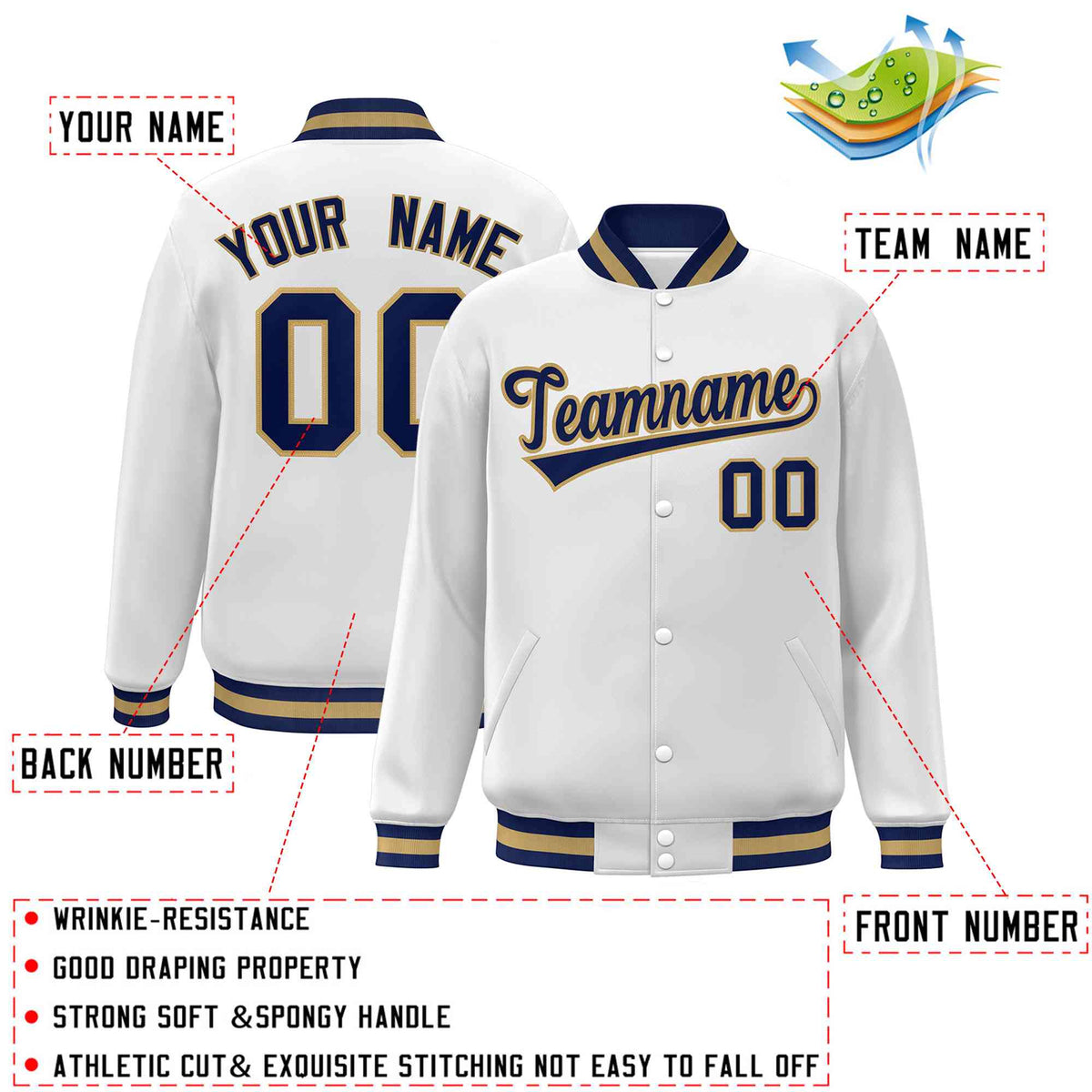 Custom White Navy-Old Gold Classic Style Varsity Full-Snap Letterman Jacket