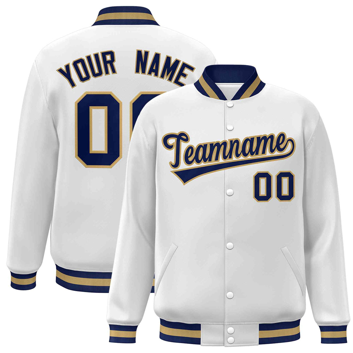 Custom White Navy-Old Gold Classic Style Varsity Full-Snap Letterman Jacket