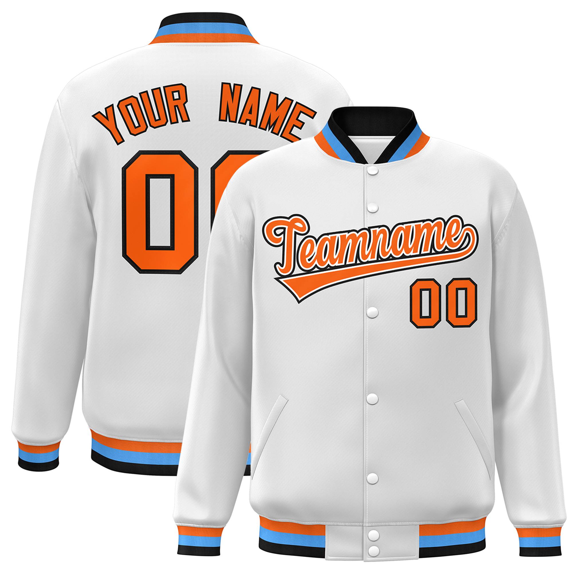 Custom White Orange-White Classic Style Varsity Full-Snap Letterman Jacket