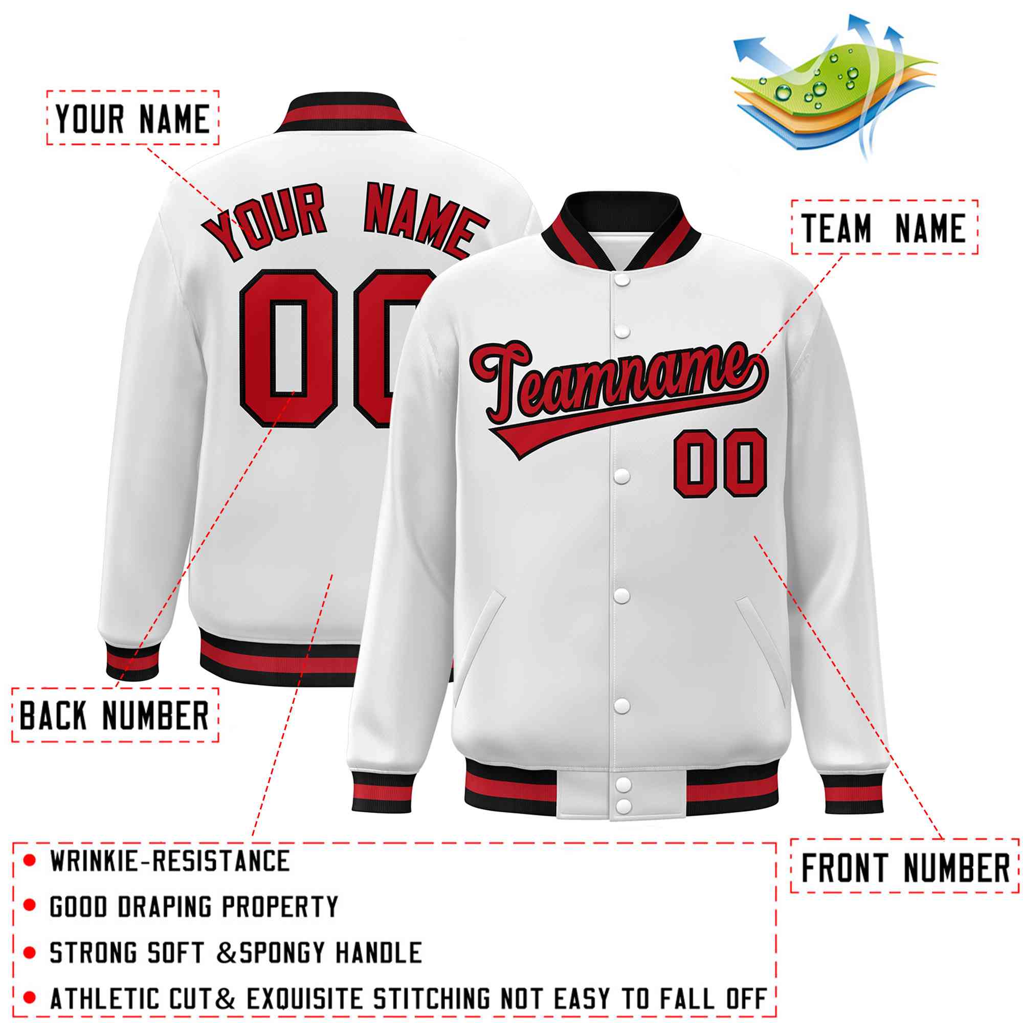 Custom White Red-Black Classic Style Varsity Full-Snap Letterman Jacket