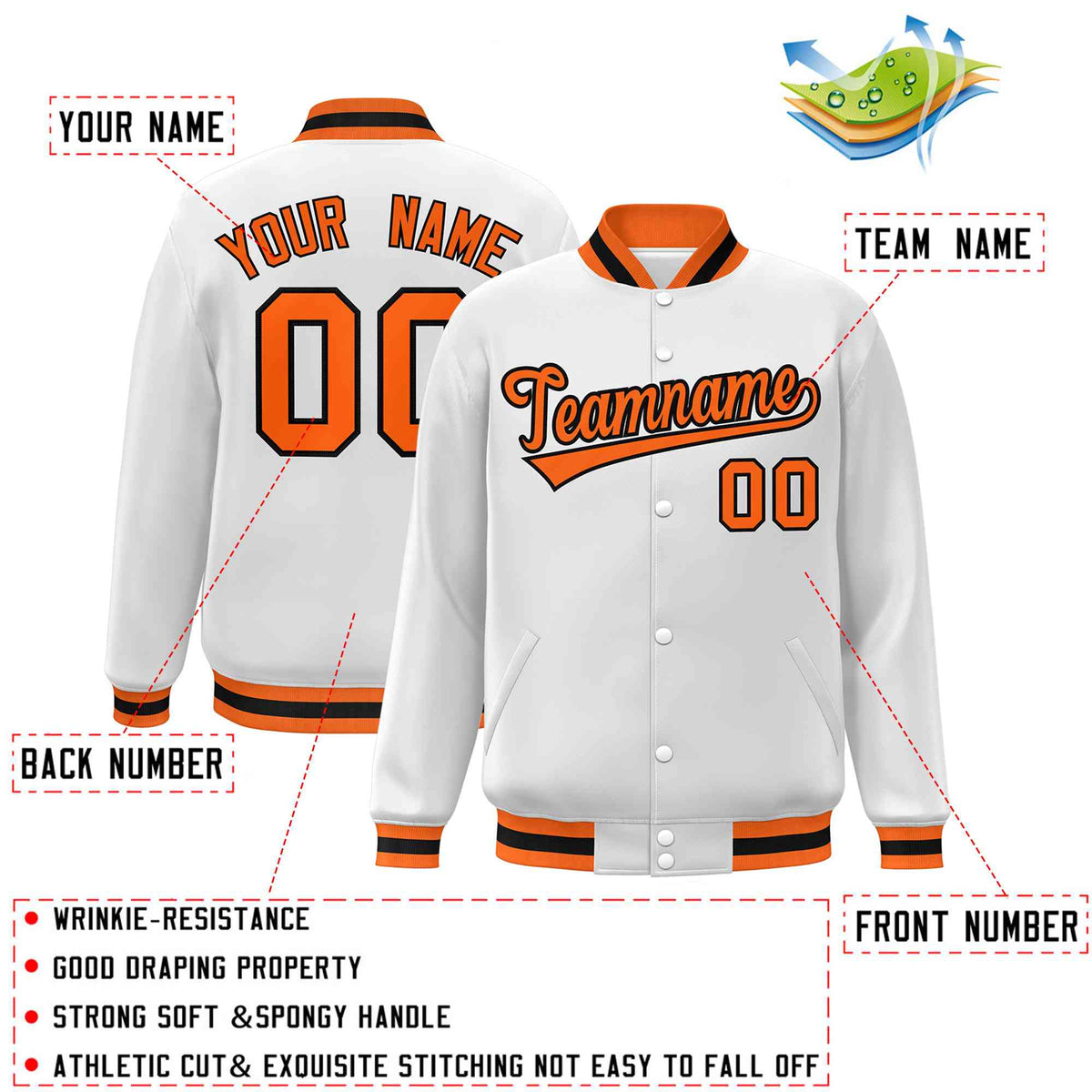 Custom White Orange-Black Classic Style Varsity Full-Snap Letterman Jacket