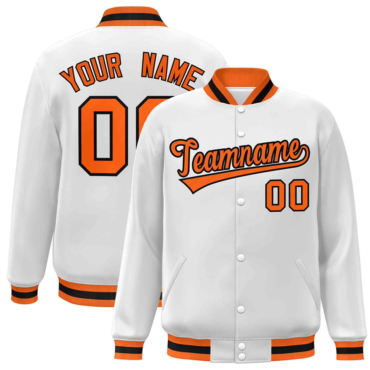 Custom White Orange-Black Classic Style Varsity Full-Snap Letterman Jacket