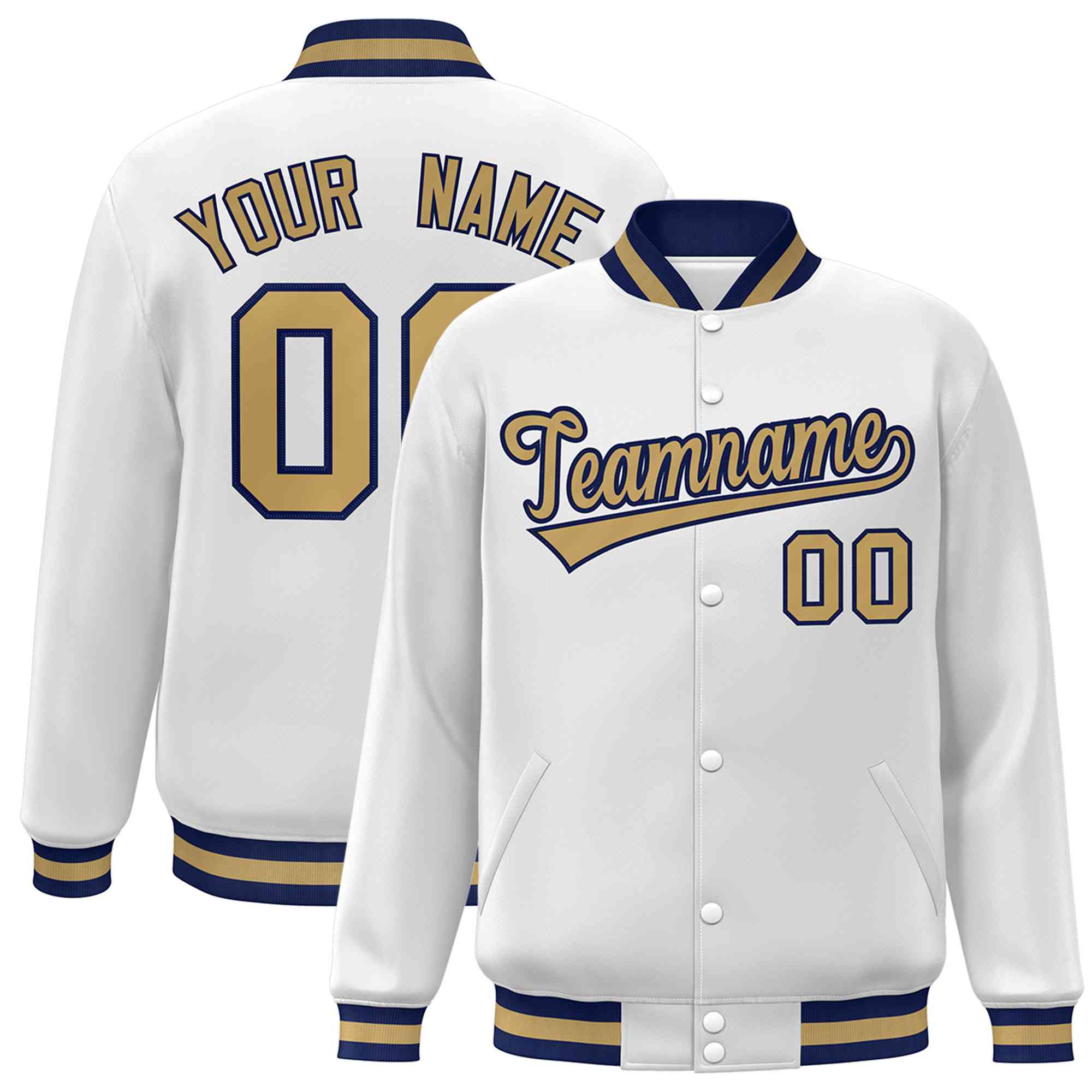 Custom White Old Gold-Navy Classic Style Varsity Full-Snap Letterman Jacket