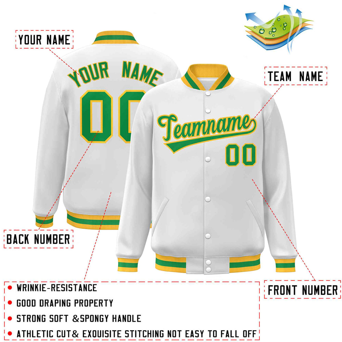 Custom White Green-Gold Classic Style Varsity Full-Snap Letterman Jacket