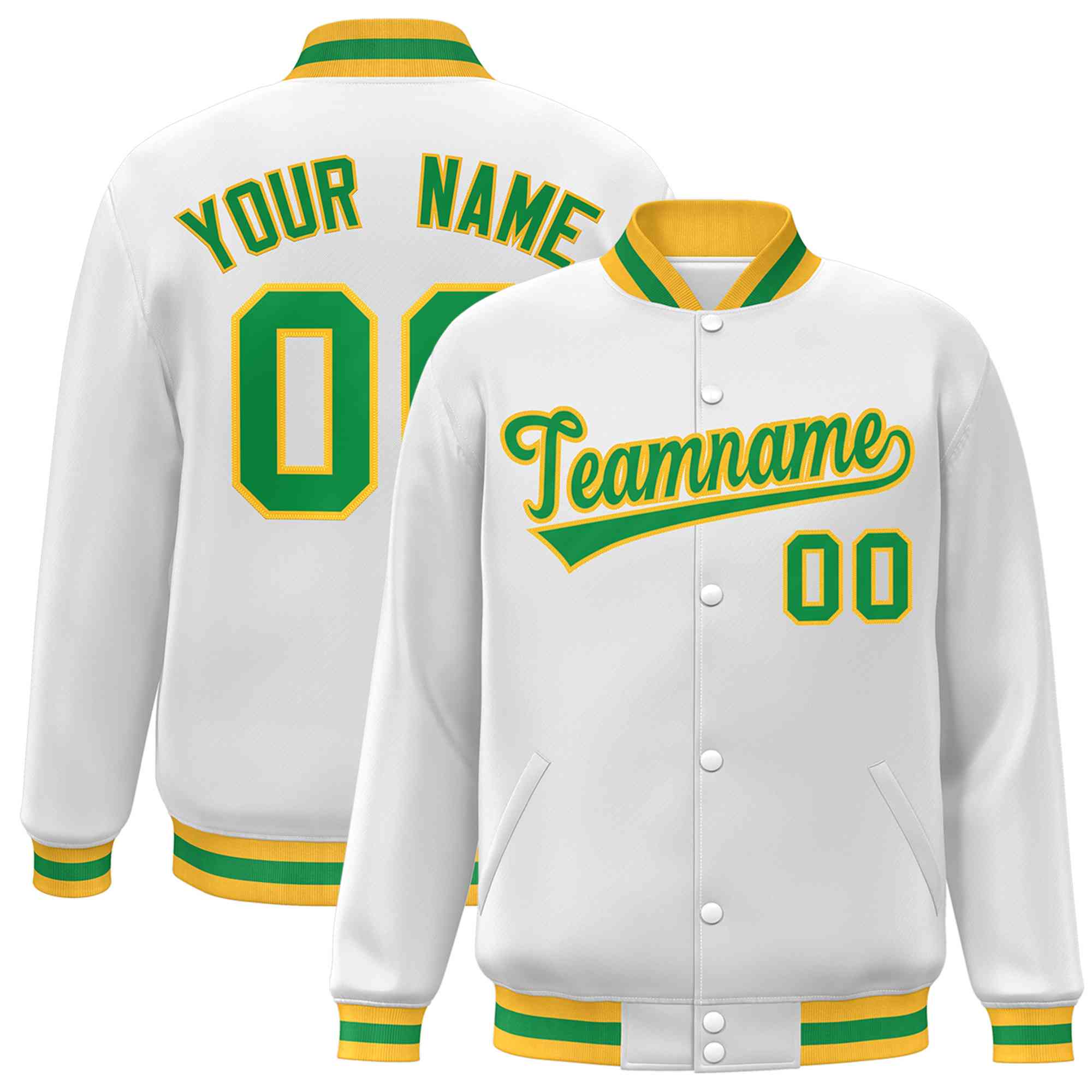 Custom White Green-Gold Classic Style Varsity Full-Snap Letterman Jacket