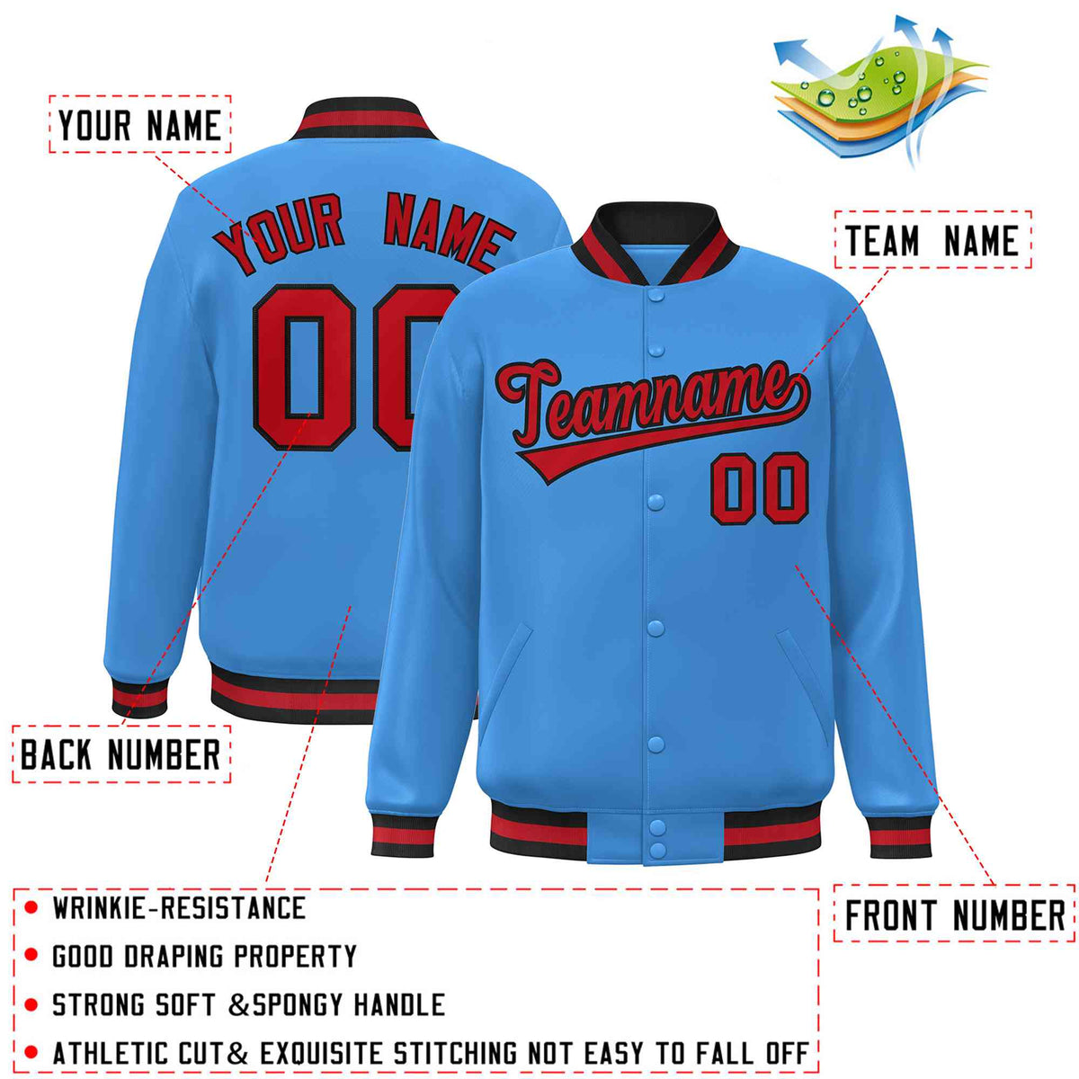 Custom Powder Blue Red-Black Classic Style Varsity Full-Snap Letterman Jacket