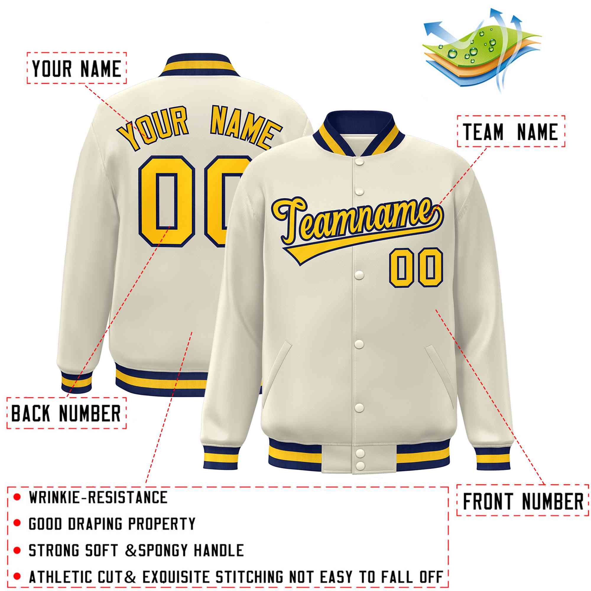 Custom Khaki Gold-Navy Classic Style Varsity Full-Snap Letterman Jacket