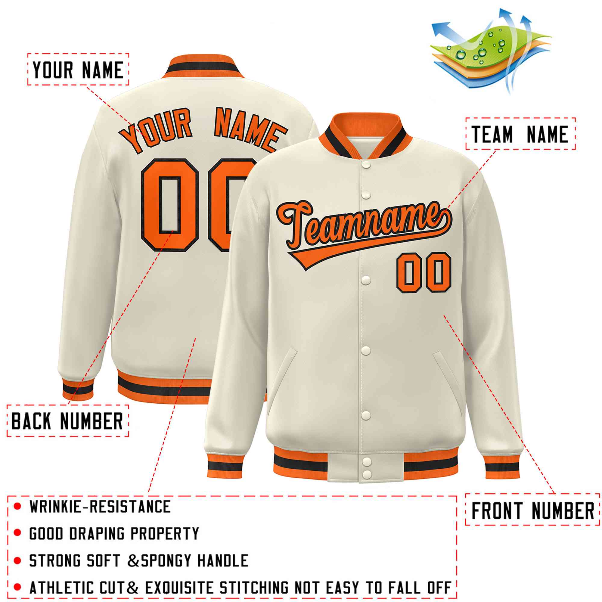 Custom Khaki Orange-Black Classic Style Varsity Full-Snap Letterman Jacket