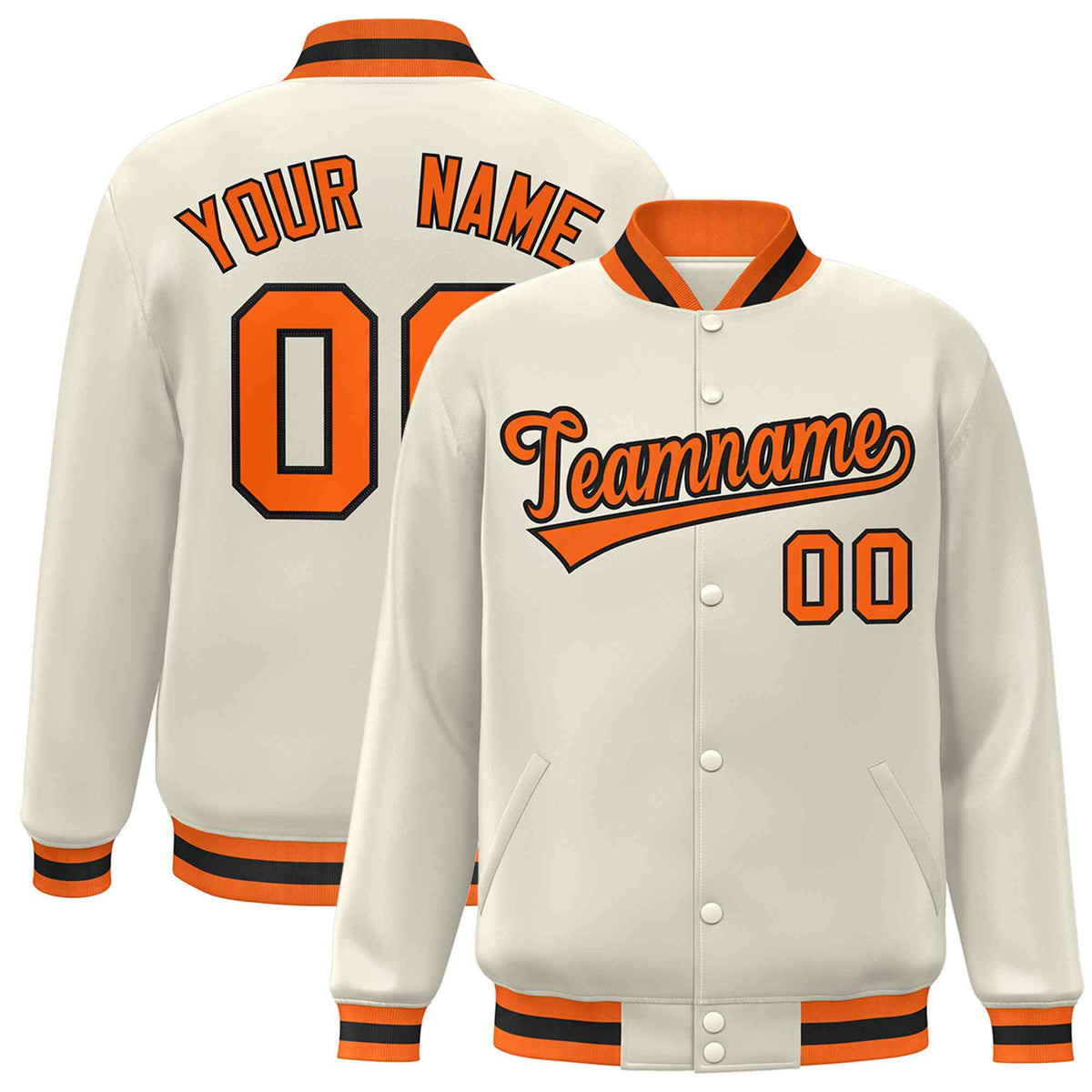 Custom Khaki Orange-Black Classic Style Varsity Full-Snap Letterman Jacket