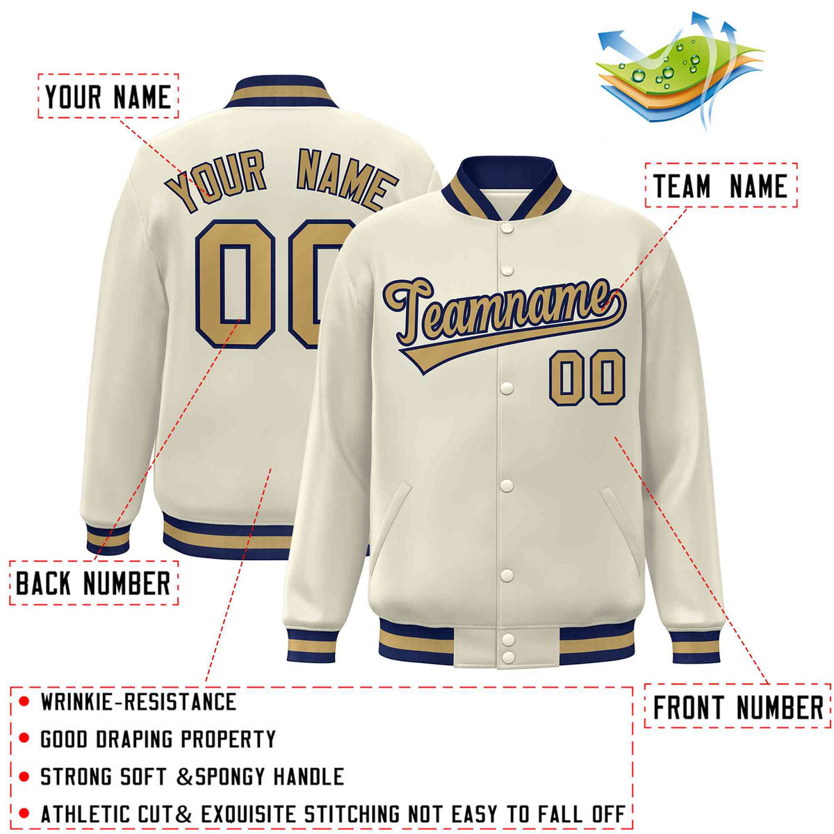 Custom Khaki Old Gold-Navy Classic Style Varsity Full-Snap Letterman Jacket