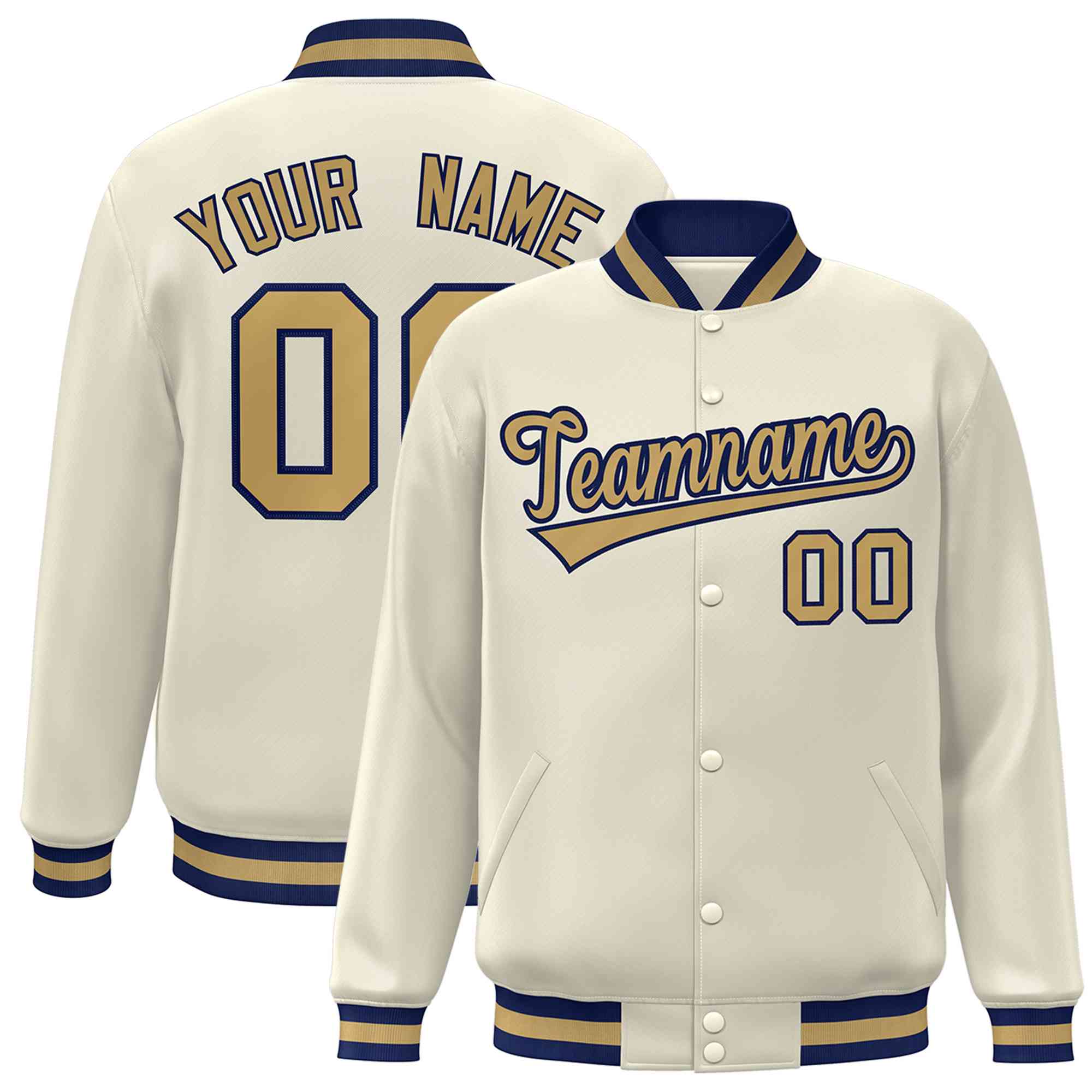 Custom Khaki Old Gold-Navy Classic Style Varsity Full-Snap Letterman Jacket