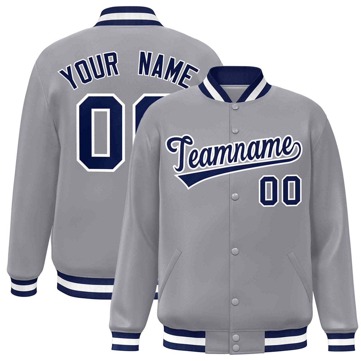 Custom Gray Navy-White Classic Style Varsity Full-Snap Letterman Jacket