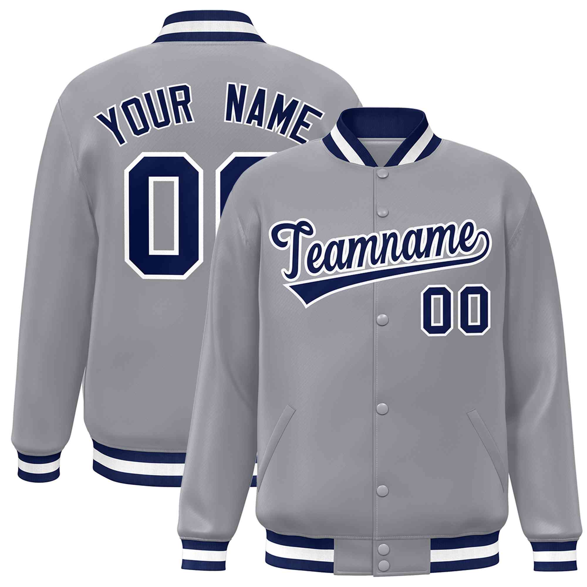 Custom Gray Navy-White Classic Style Varsity Full-Snap Letterman Jacket