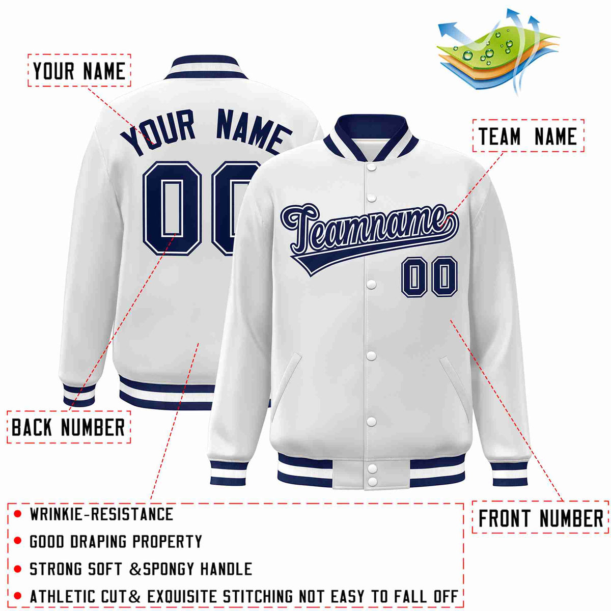 Custom White Navy-White Classic Style Varsity Full-Snap Letterman Jacket