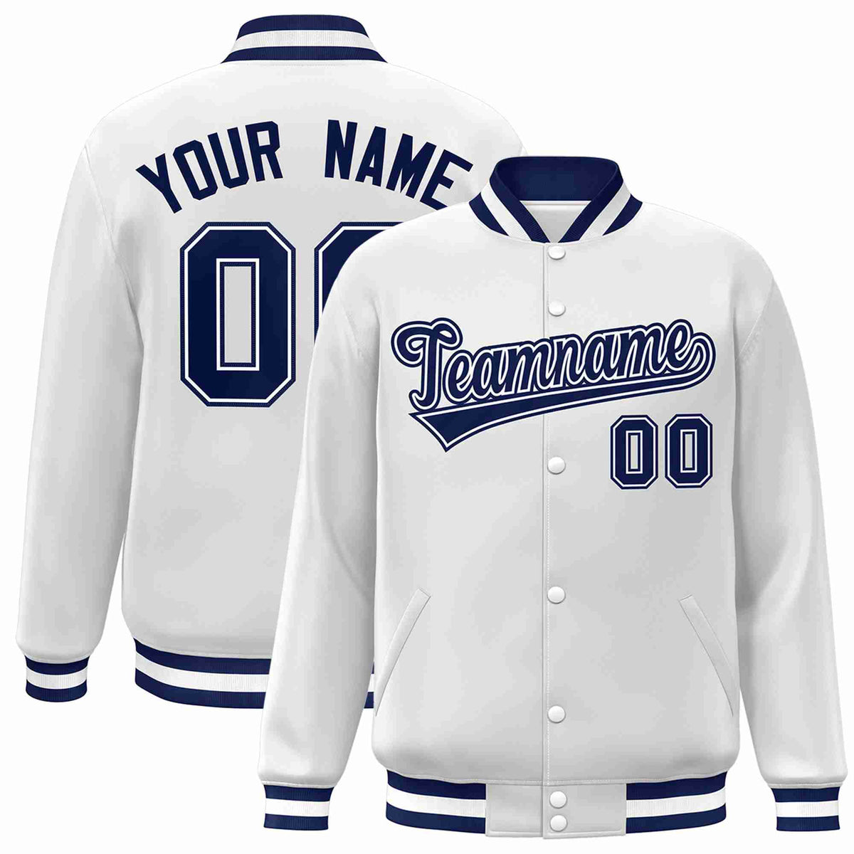 Custom White Navy-White Classic Style Varsity Full-Snap Letterman Jacket