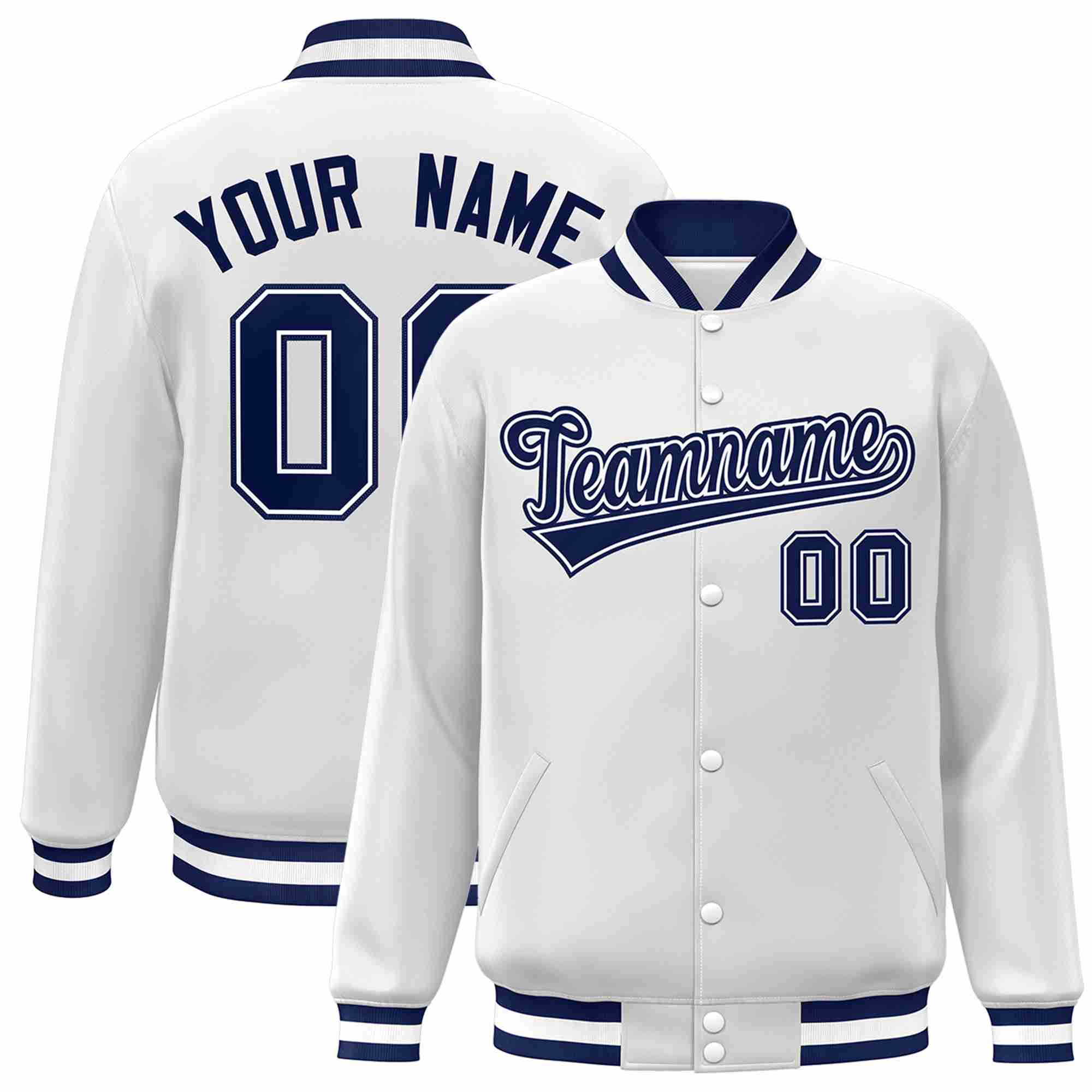 Custom White Navy-White Classic Style Varsity Full-Snap Letterman Jacket