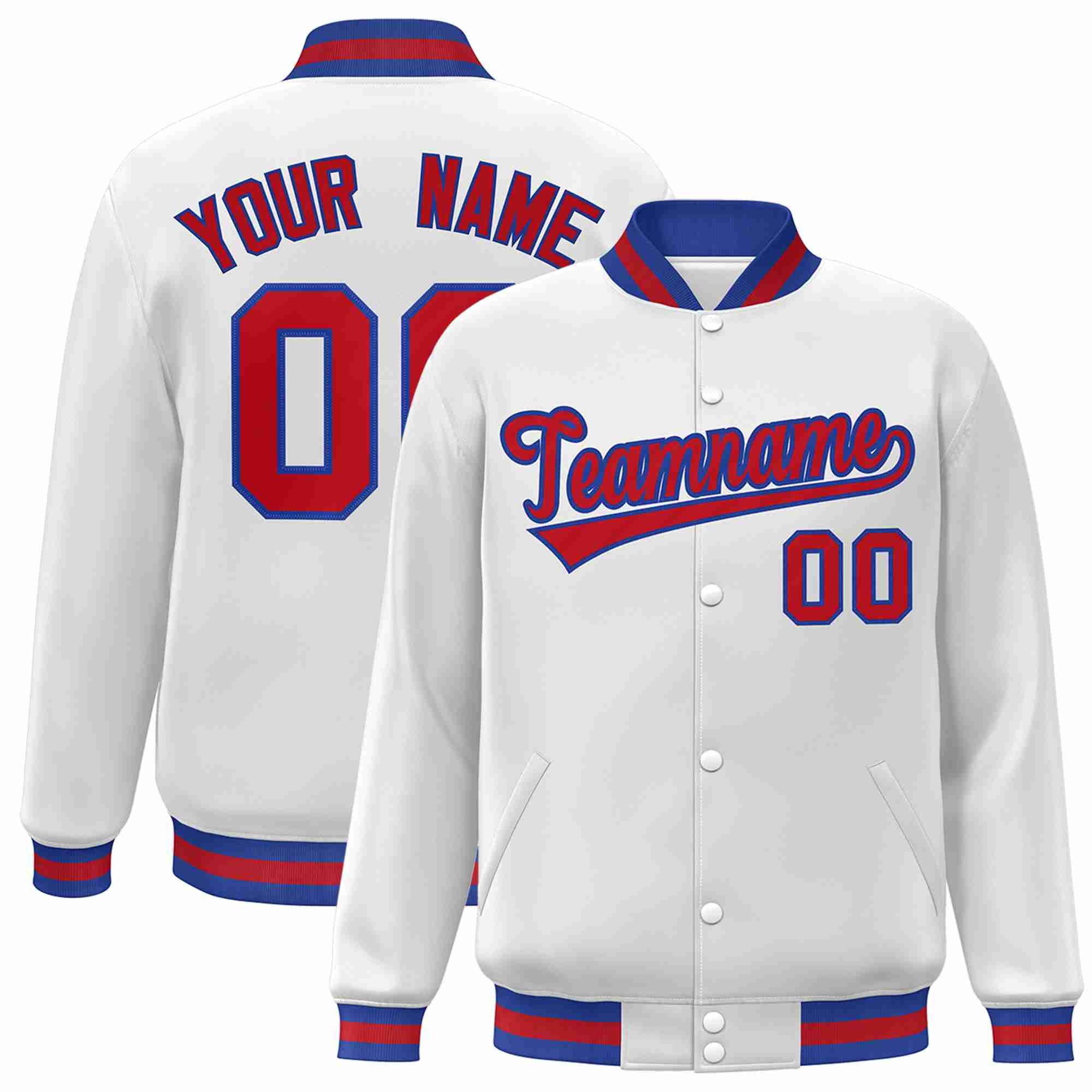 Custom White Red-Royal Classic Style Varsity Full-Snap Letterman Jacket