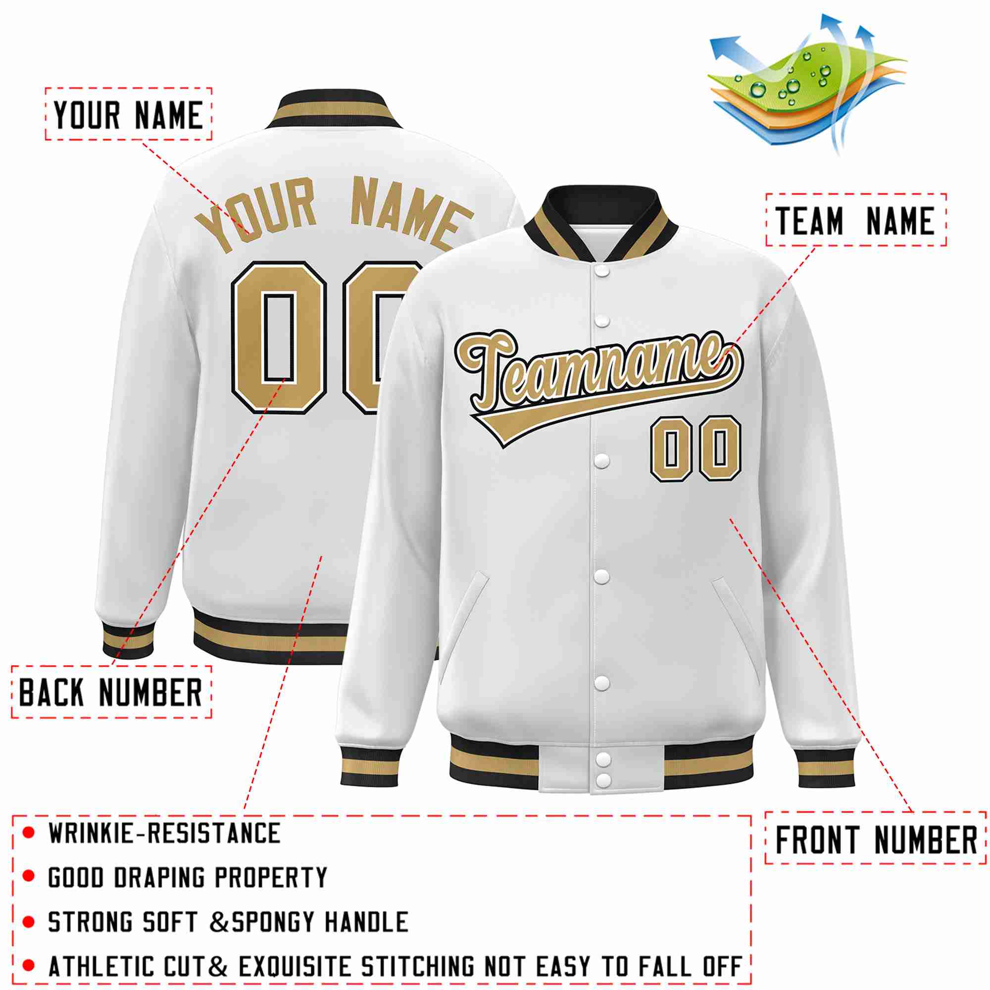 Custom White Old Gold-White Classic Style Varsity Full-Snap Letterman Jacket