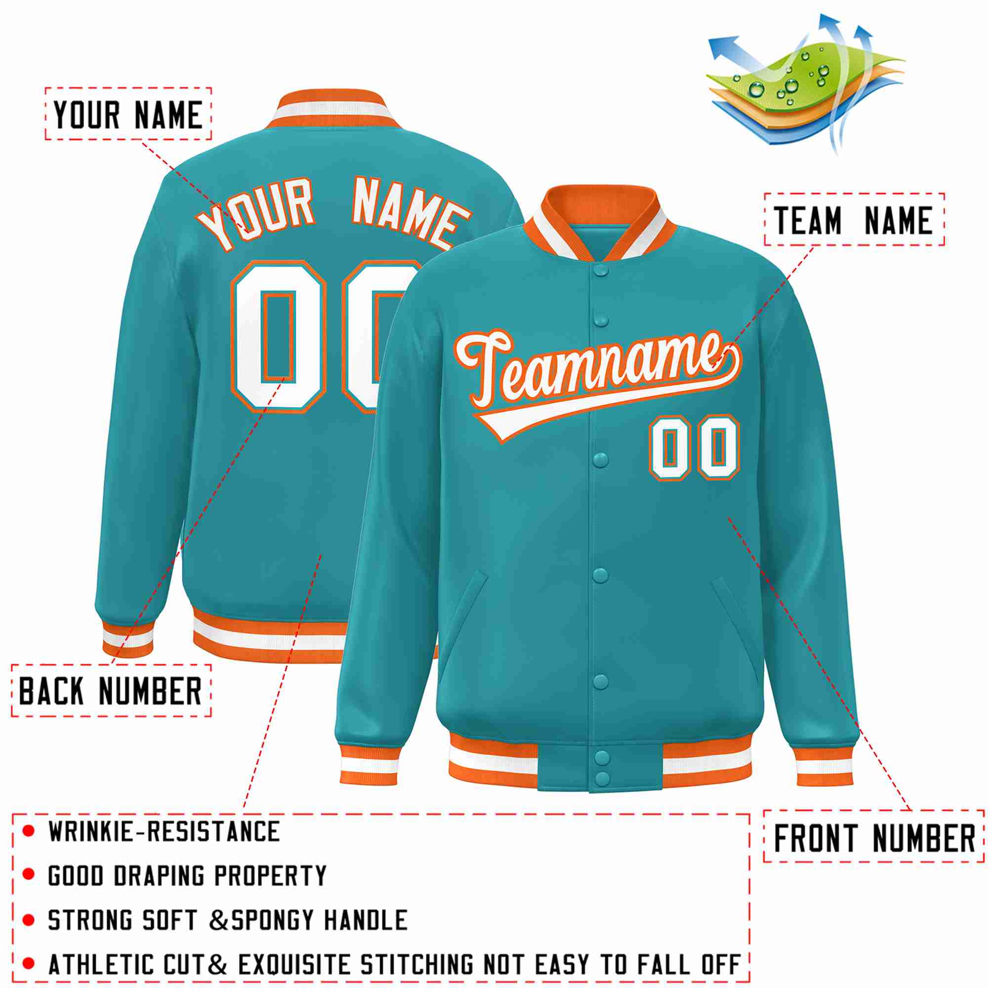 Custom Aqua White-Orange Classic Style Varsity Full-Snap Letterman Jacket