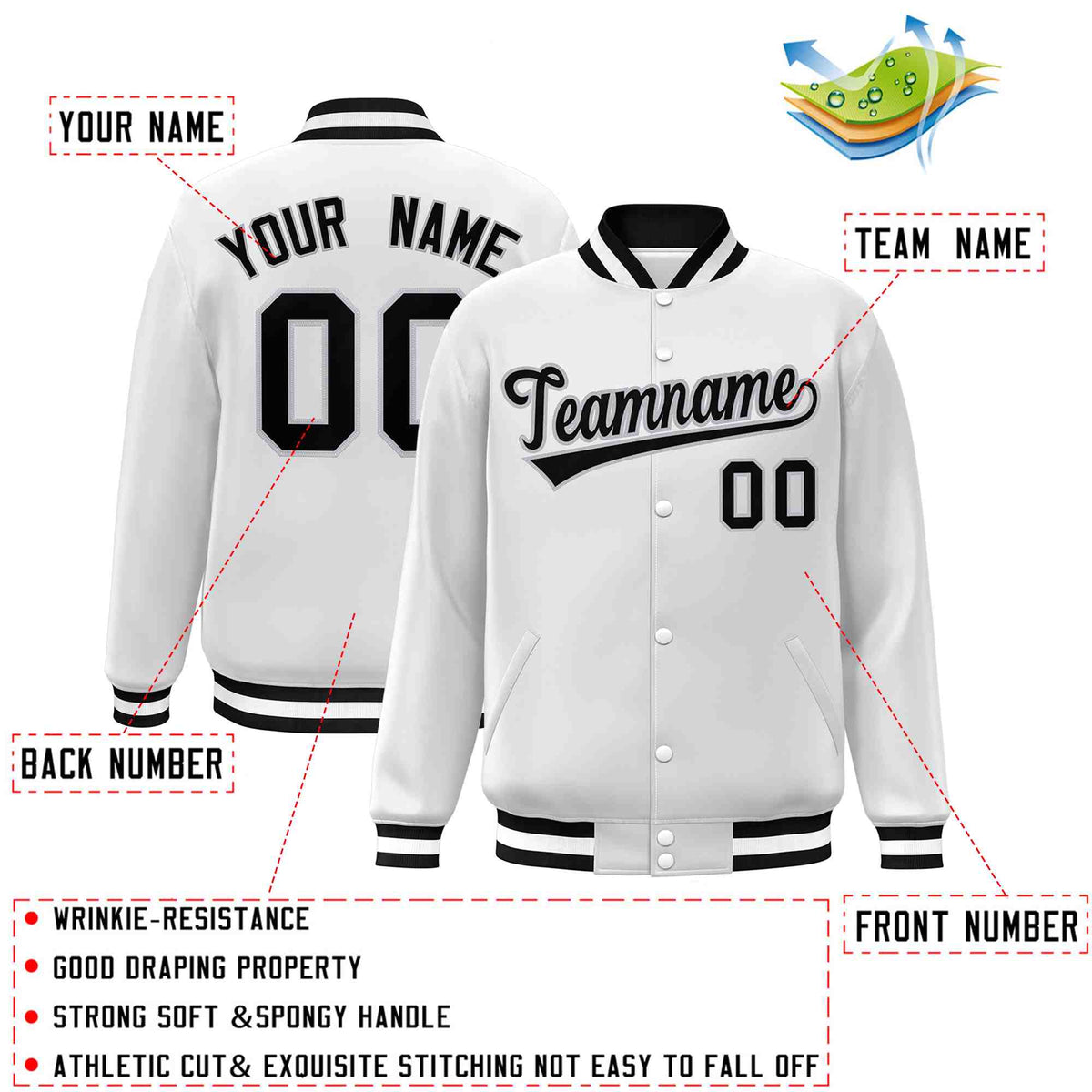 Custom White Black-Gray Classic Style Varsity Full-Snap Letterman Jacket | KXKSHOP