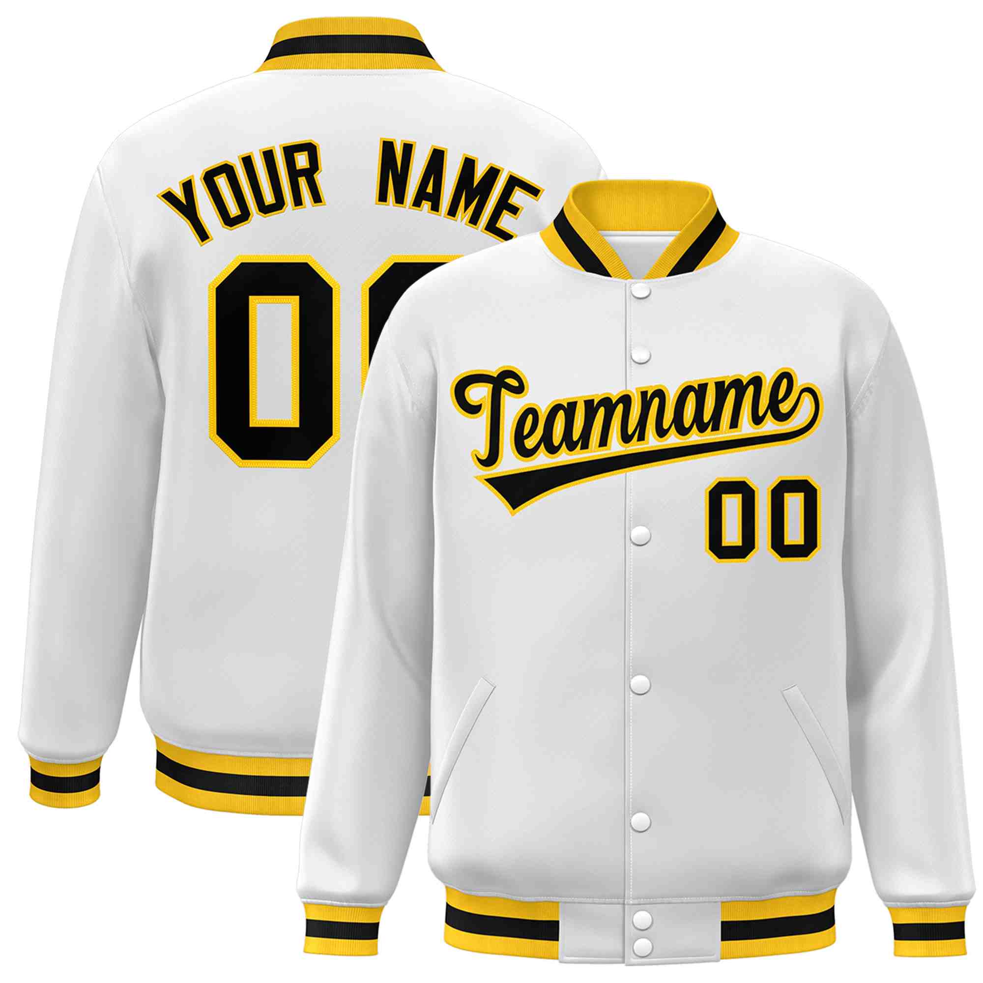 Custom White Black-Gold Classic Style Varsity Full-Snap Letterman Jacket | KXKSHOP