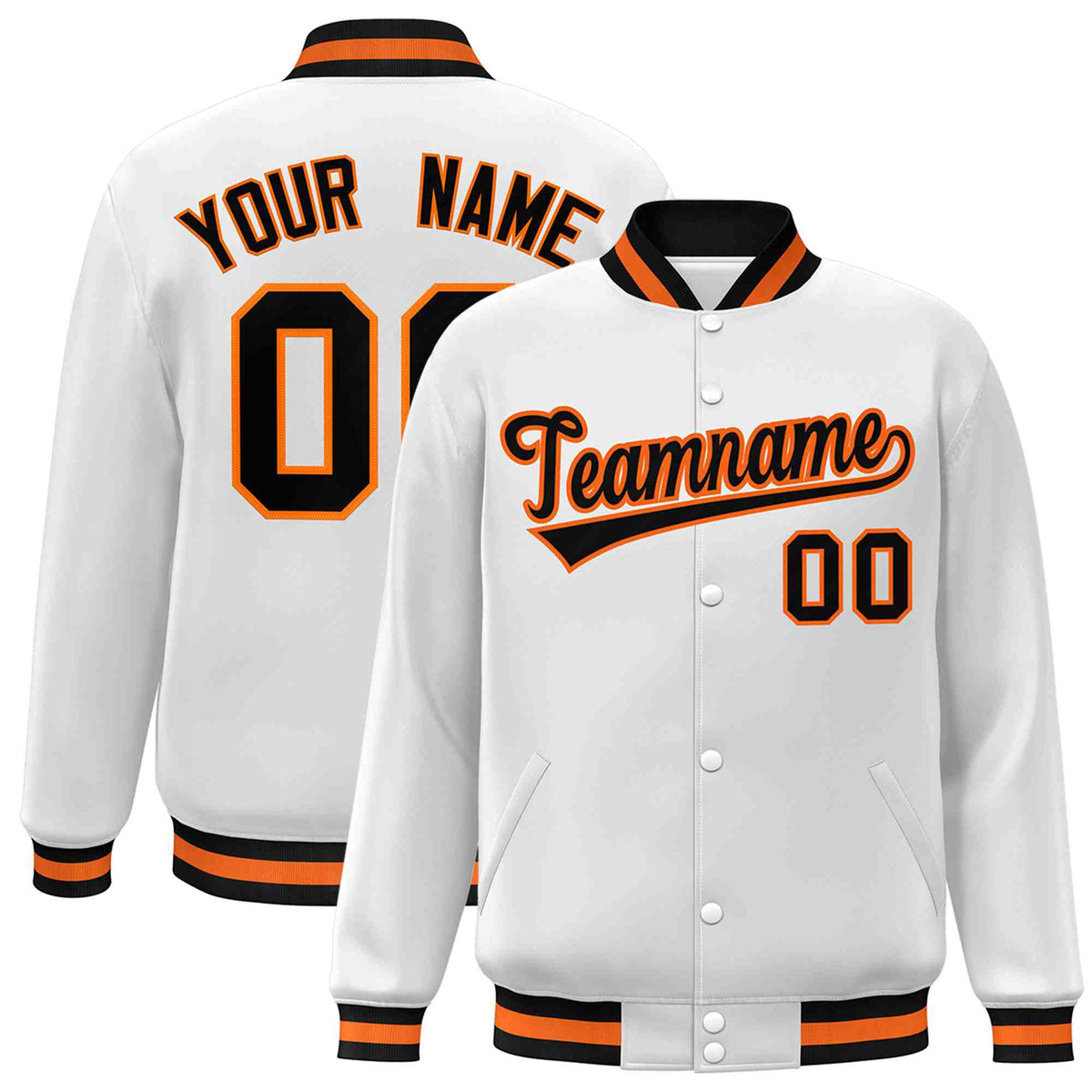 Custom White Black-Orange Classic Style Varsity Full-Snap Letterman Jacket | KXKSHOP