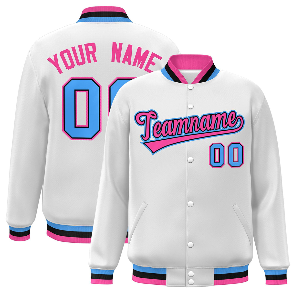 Custom White Pink-Black Classic Style Varsity Full-Snap Letterman Jacket | KXKSHOP