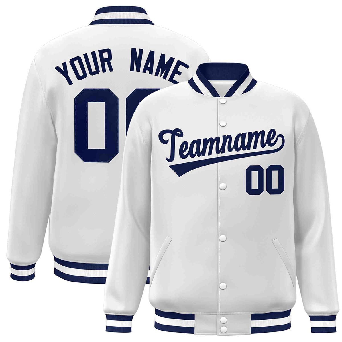 Custom White Navy Classic Style Varsity Full-Snap Letterman Jacket | KXKSHOP