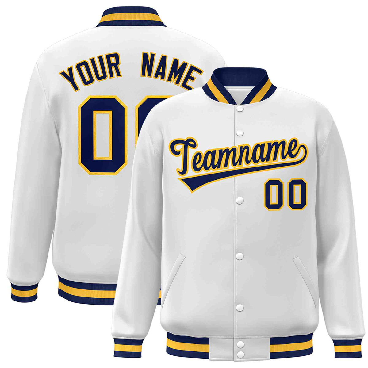 Custom White Navy-Gold Classic Style Varsity Full-Snap Letterman Jacket | KXKSHOP