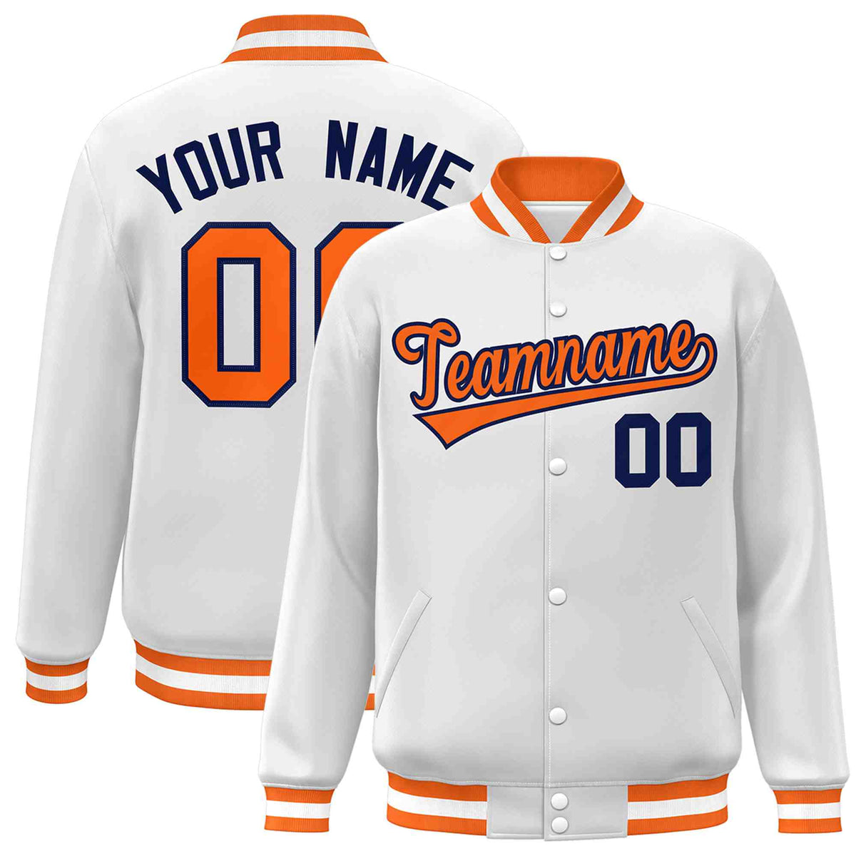 Custom White Orange-Navy Classic Style Varsity Full-Snap Letterman Jacket | KXKSHOP