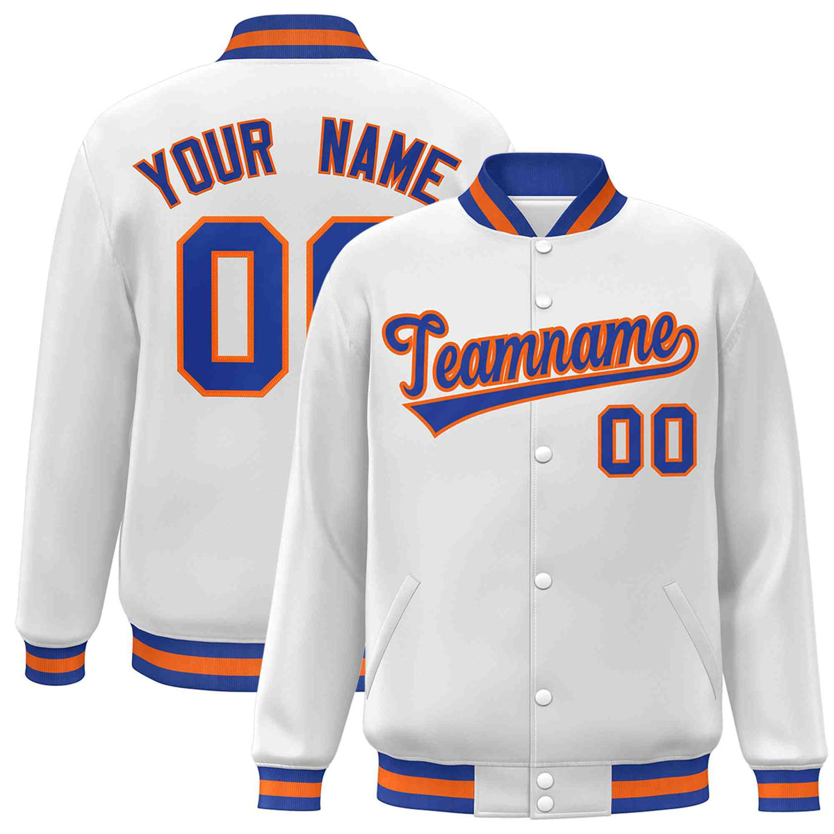 Custom White Royal-Orange Classic Style Varsity Full-Snap Letterman Jacket | KXKSHOP