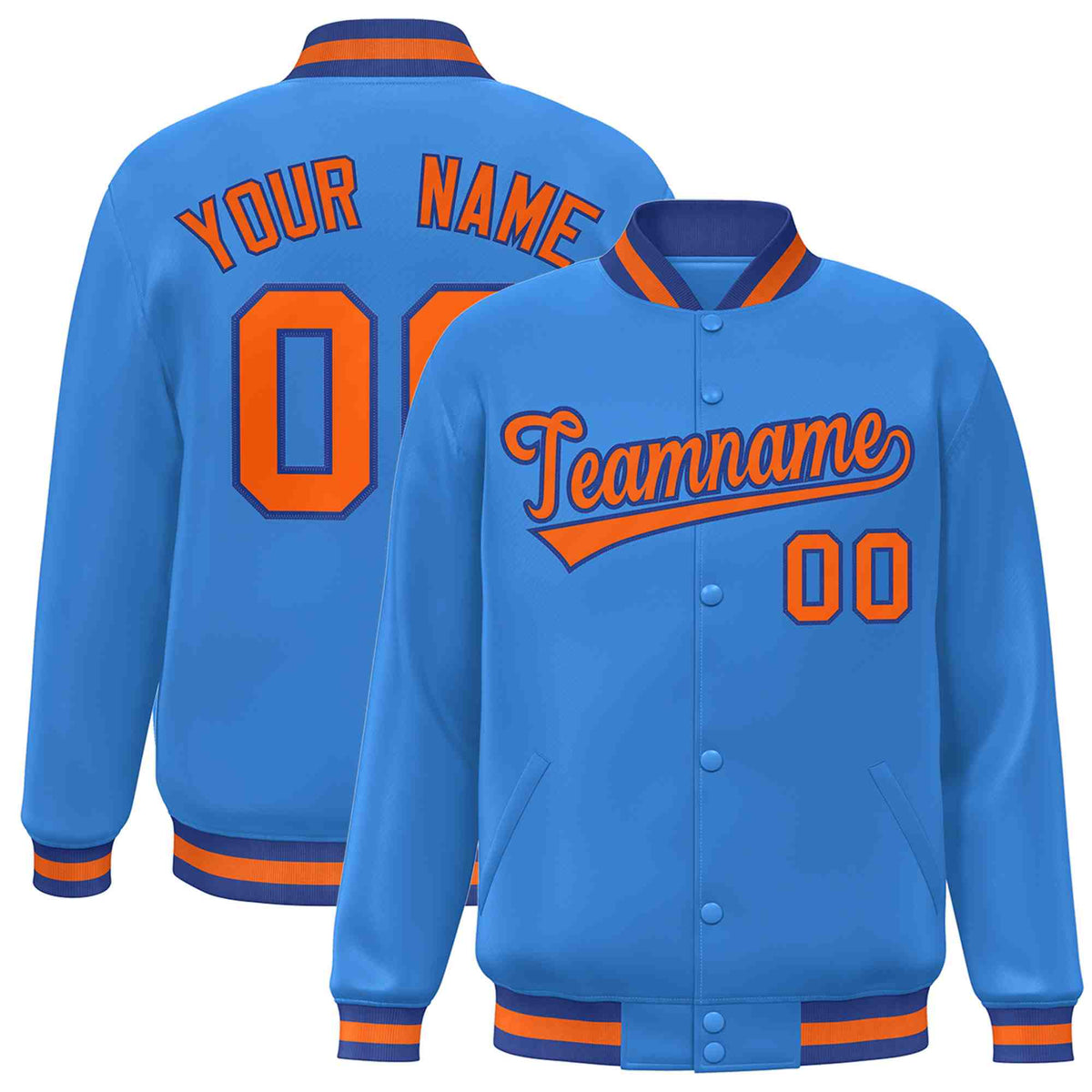 Custom Powder Blue Orange-Royal Classic Style Varsity Full-Snap Letterman Jacket | KXKSHOP
