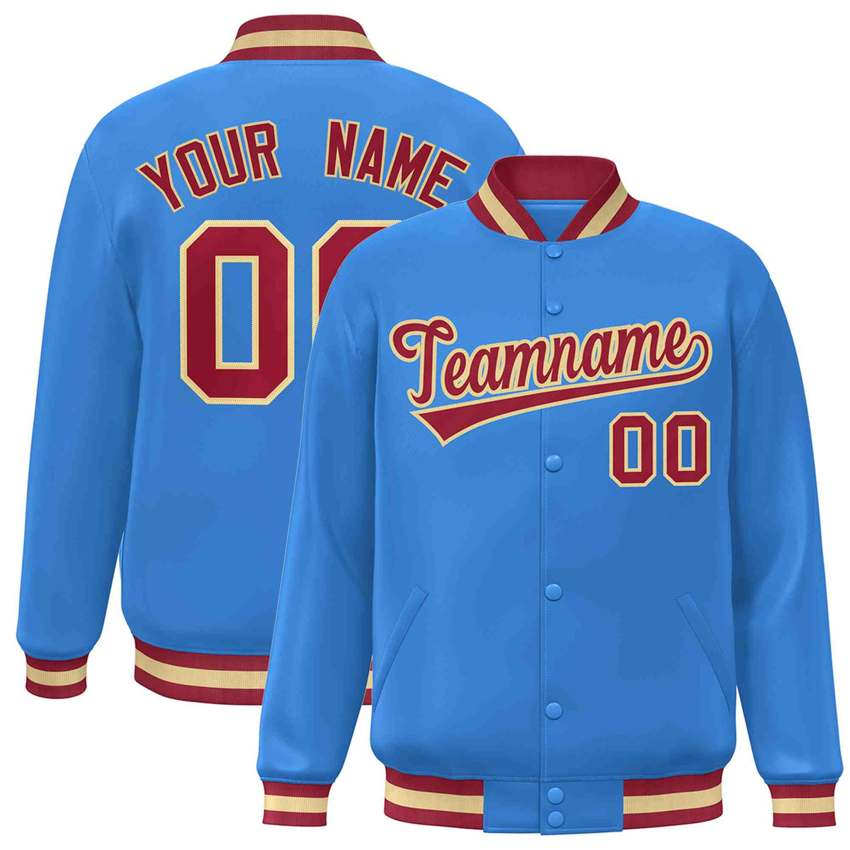 Custom Powder Blue Crimson-Khaki Classic Style Varsity Full-Snap Letterman Jacket | KXKSHOP