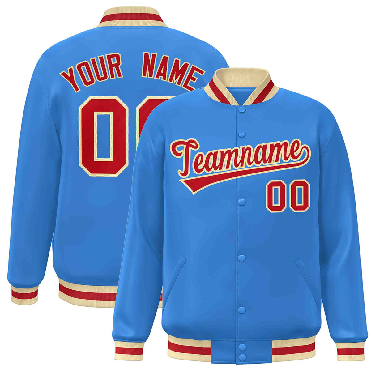 Custom Powder Blue Red-Khaki Classic Style Varsity Full-Snap Letterman Jacket | KXKSHOP