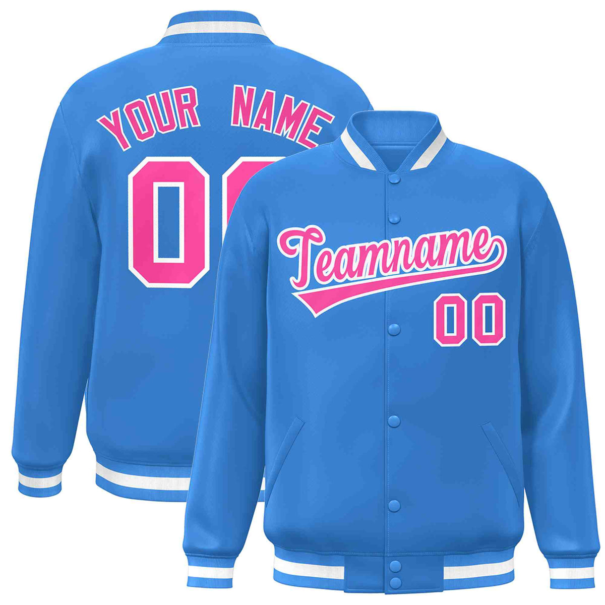 Custom Powder Blue Pink-White Classic Style Varsity Full-Snap Letterman Jacket | KXKSHOP