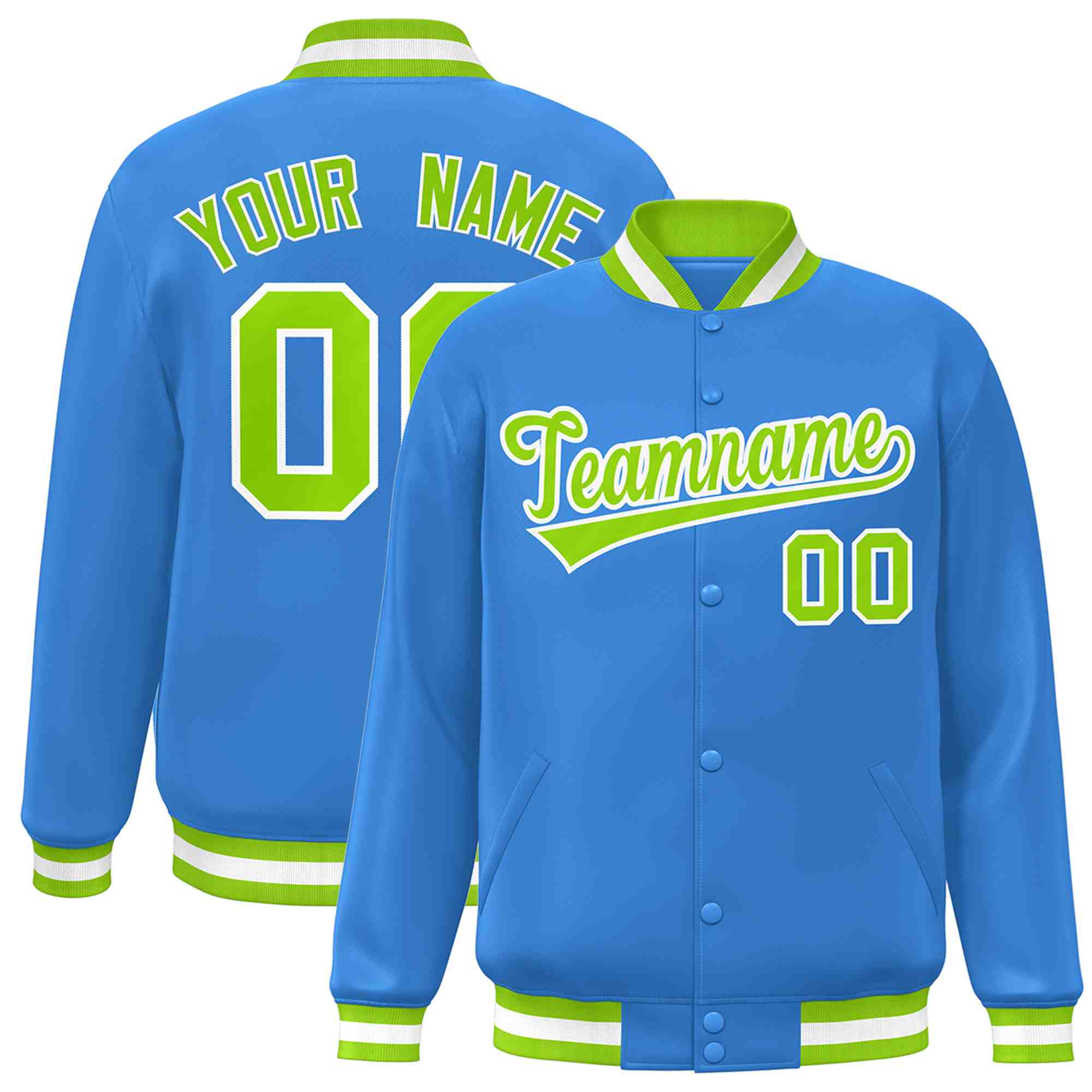 Custom Powder Blue Neon Green-White Classic Style Varsity Full-Snap Letterman Jacket | KXKSHOP