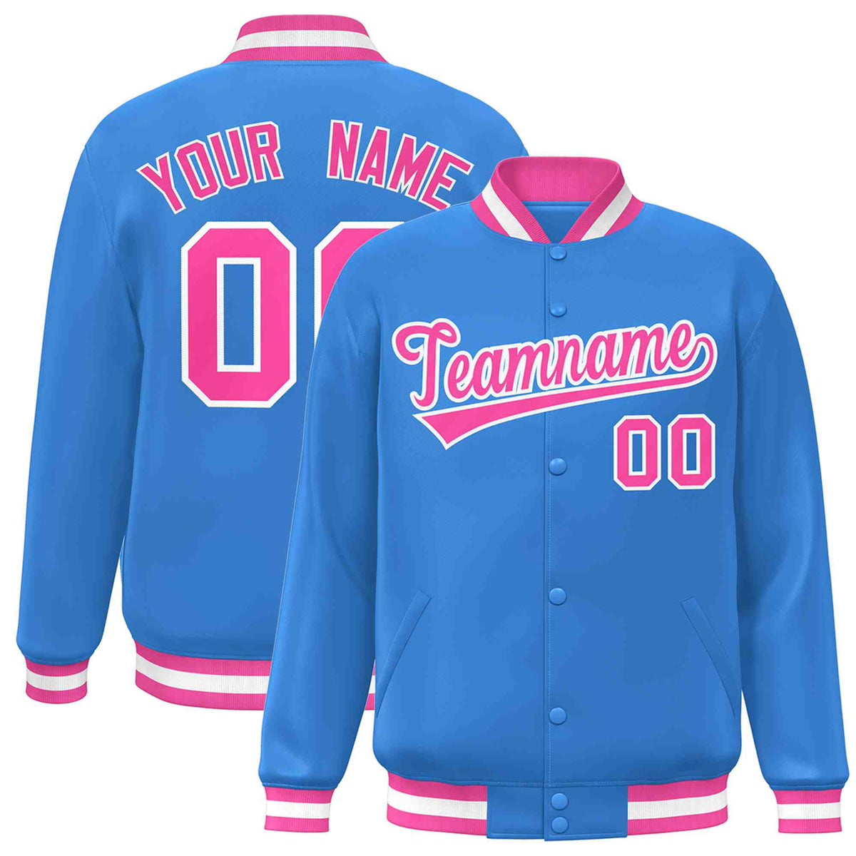 Custom Powder Blue Pink-White Classic Style Varsity Full-Snap Letterman Jacket | KXKSHOP
