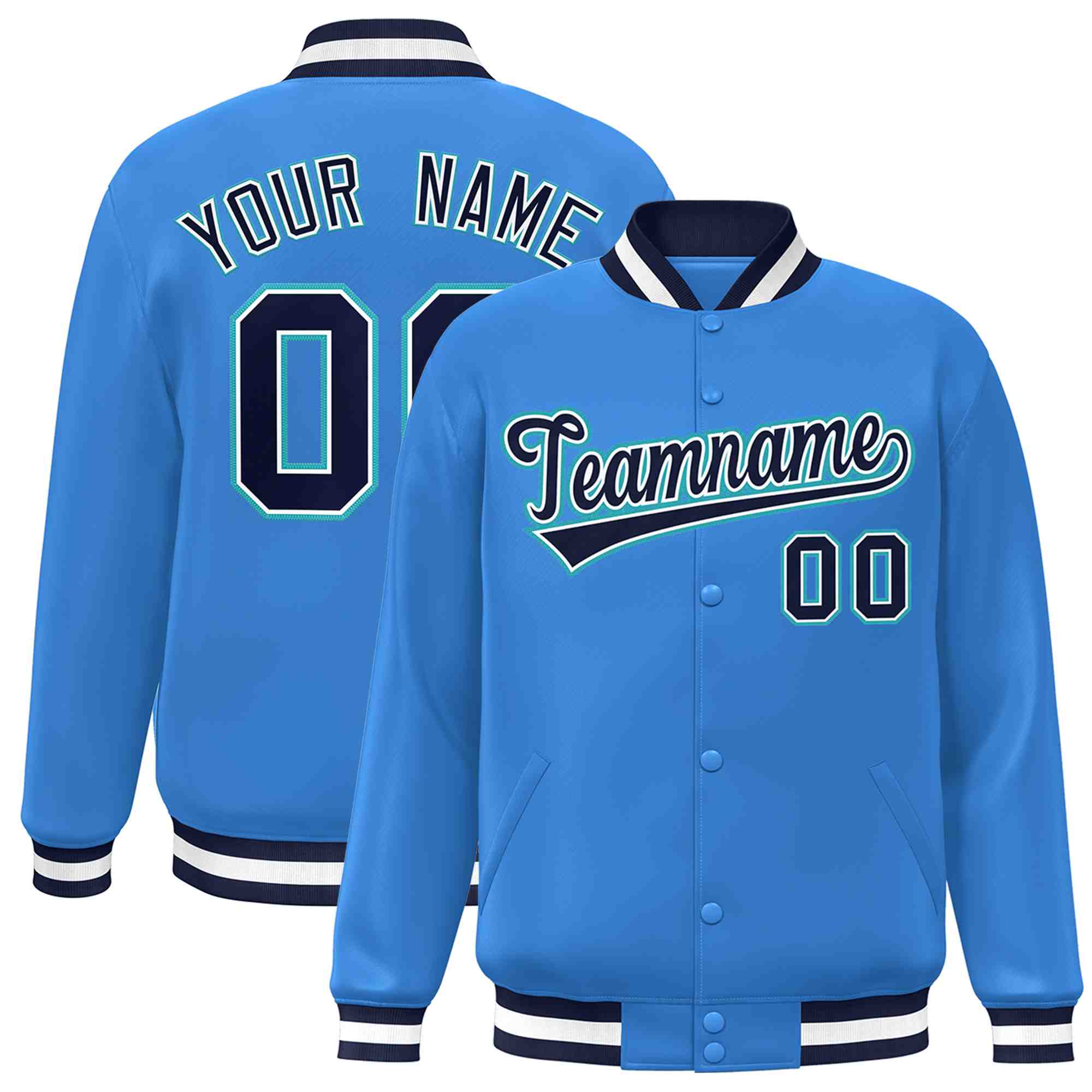 Custom Powder Blue Navy-White Classic Style Varsity Full-Snap Letterman Jacket | KXKSHOP
