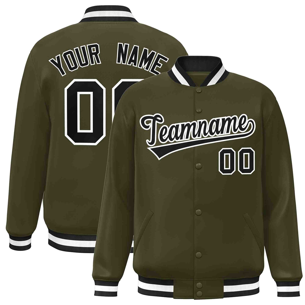 Custom Olive Black-White Classic Style Varsity Full-Snap Letterman Jacket | KXKSHOP