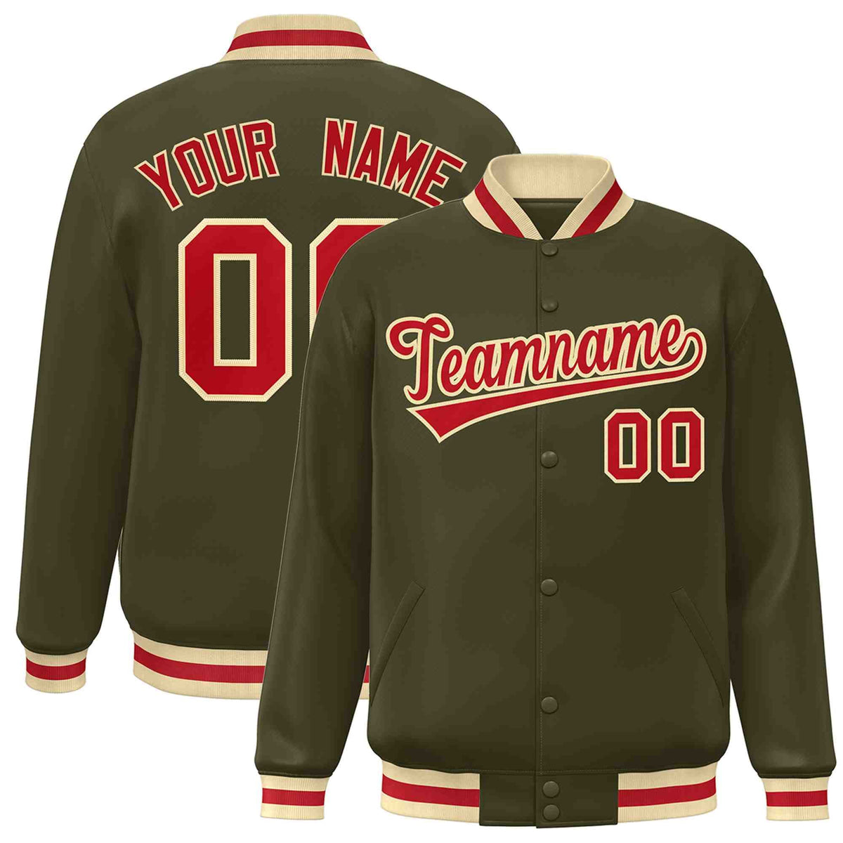 Custom Olive Red-Khaki Classic Style Varsity Full-Snap Letterman Jacket | KXKSHOP