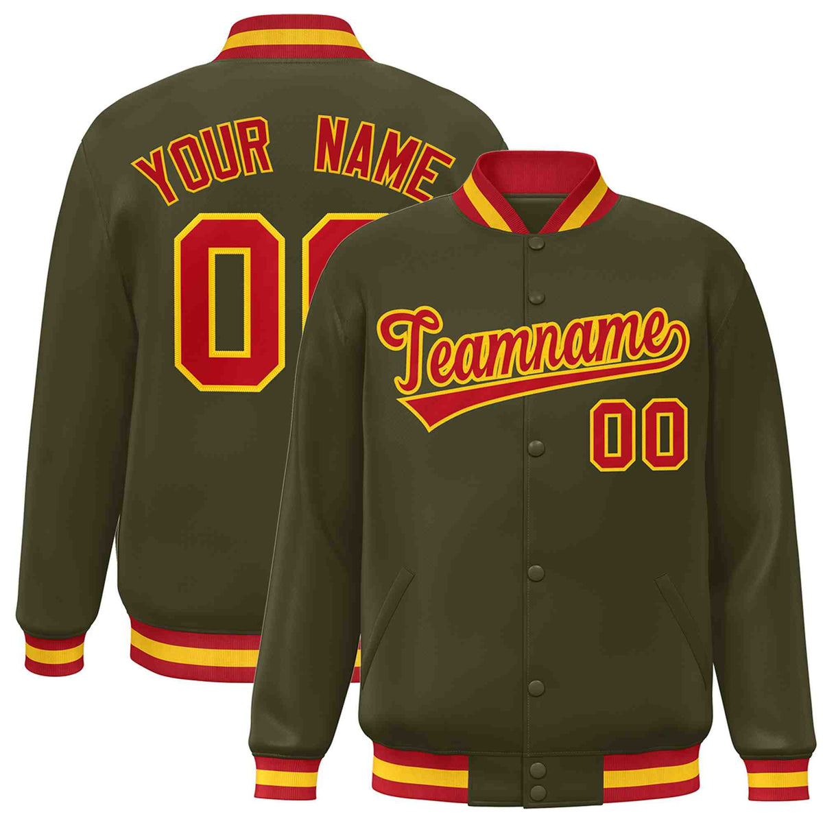 Custom Olive Red-Gold Classic Style Varsity Full-Snap Letterman Jacket | KXKSHOP