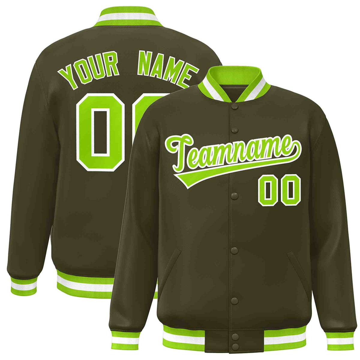 Custom Olive Neon Green-White Classic Style Varsity Full-Snap Letterman Jacket | KXKSHOP