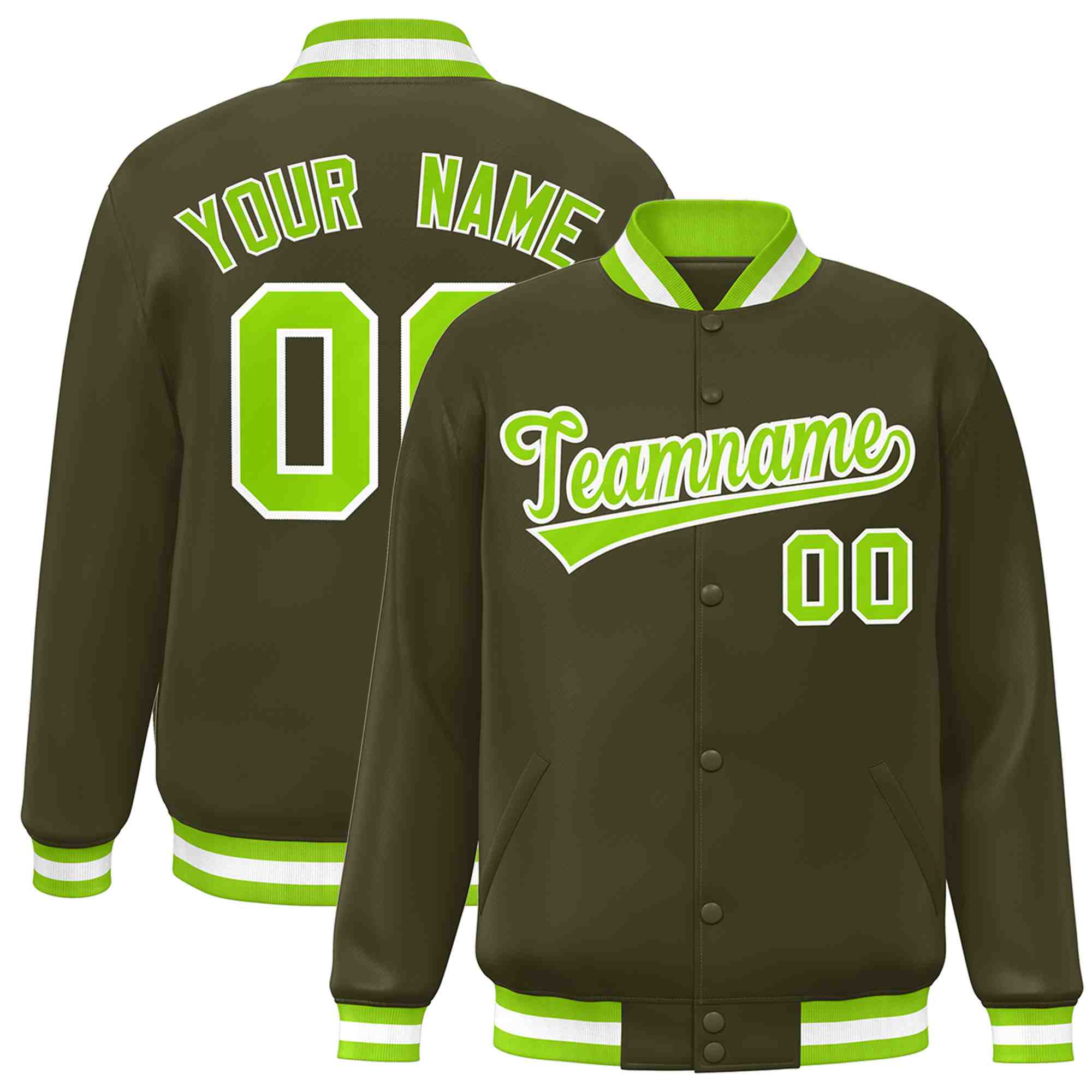 Custom Olive Neon Green-White Classic Style Varsity Full-Snap Letterman Jacket | KXKSHOP