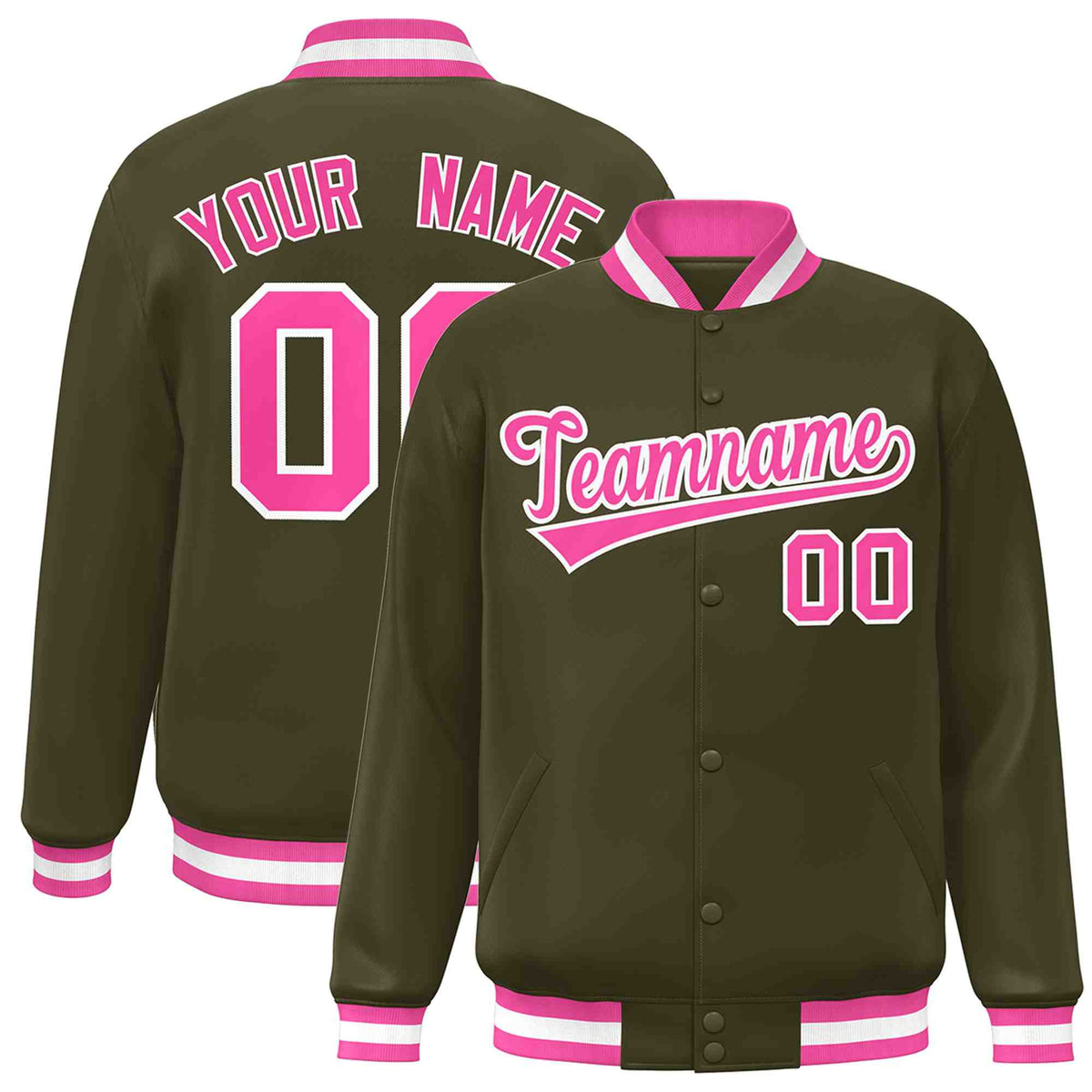 Custom Olive Pink-White Classic Style Varsity Full-Snap Letterman Jacket | KXKSHOP