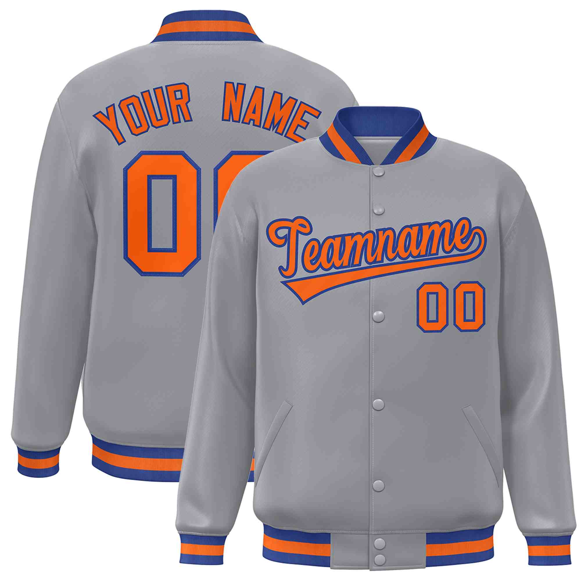 Custom Gray Orange-Royal Classic Style Varsity Full-Snap Letterman Jacket | KXKSHOP