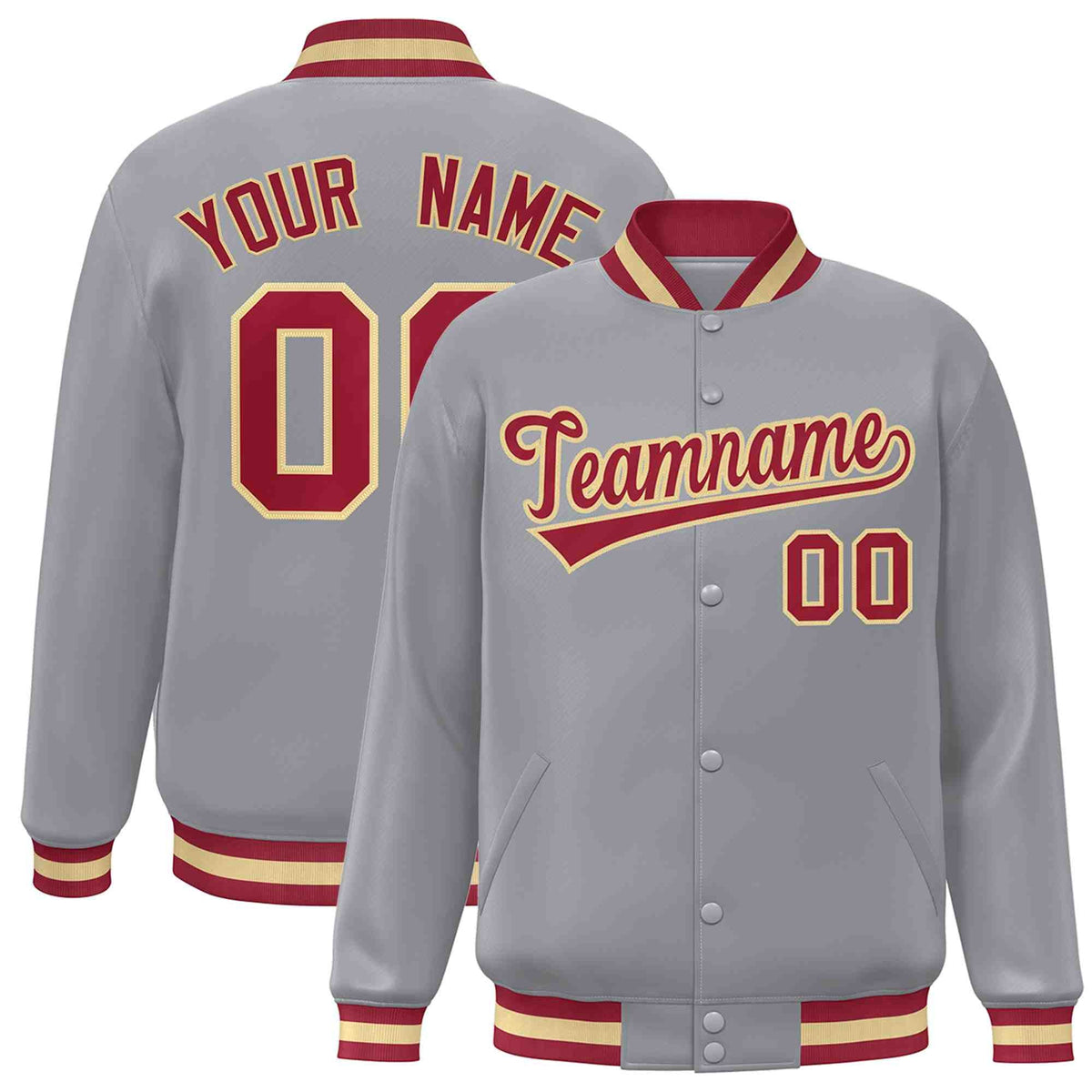 Custom Gray Crimson-Khaki Classic Style Varsity Full-Snap Letterman Jacket | KXKSHOP